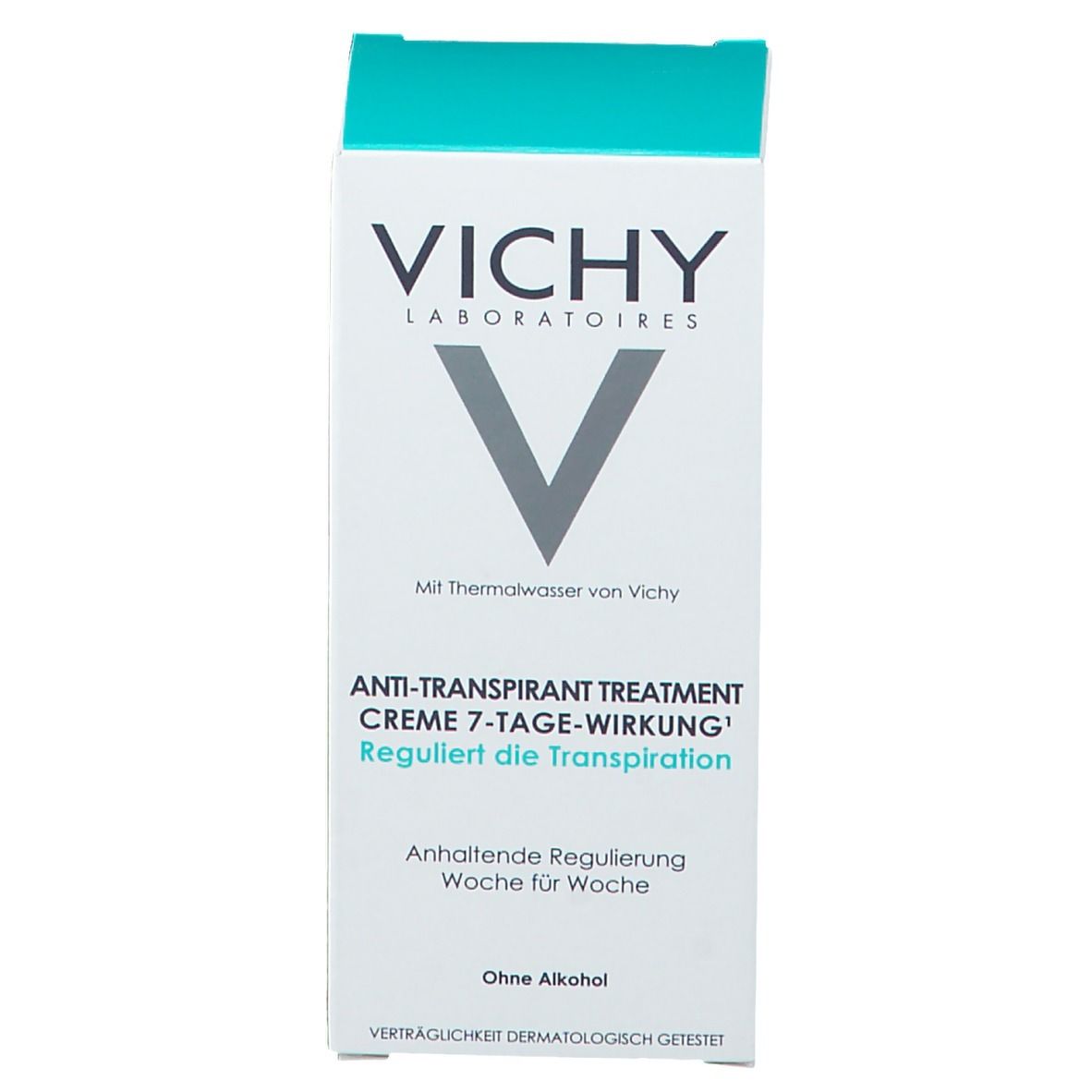 Emballage blanc avec logo VICHY et texte. Inscription: Crème anti-transpirante 7 jours. Sans alcool. Dessus bleu.