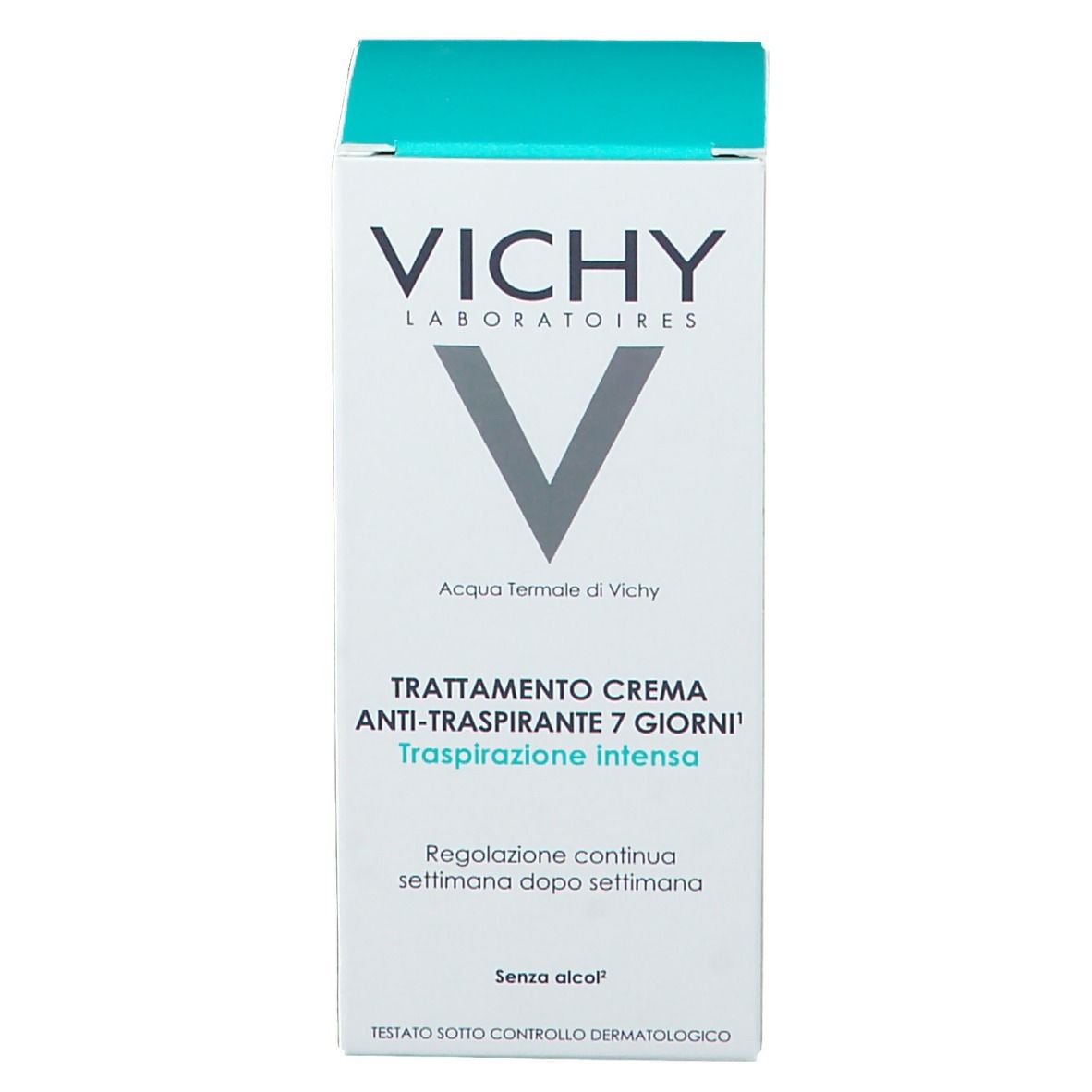 Emballage blanc avec logo VICHY et texte. Inscription: Crème anti-transpirante 7 jours. Sans alcool. Dessus bleu.