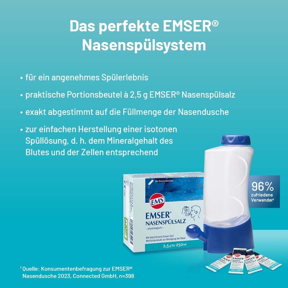 Nasenspülsystem mit Nasendusche und Nasenspülsalz. Portionenbeutel. 96% zufriedene Verwender.