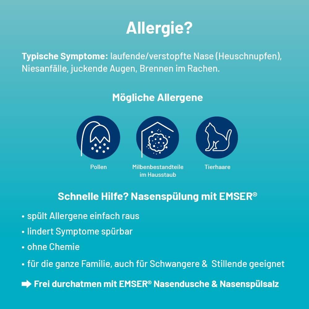 Text: Allergie? Symptome: laufende Nase, Niesen, juckende Augen. Hilfe: Nasenspülung mit Emser. Geeignet für Familie.