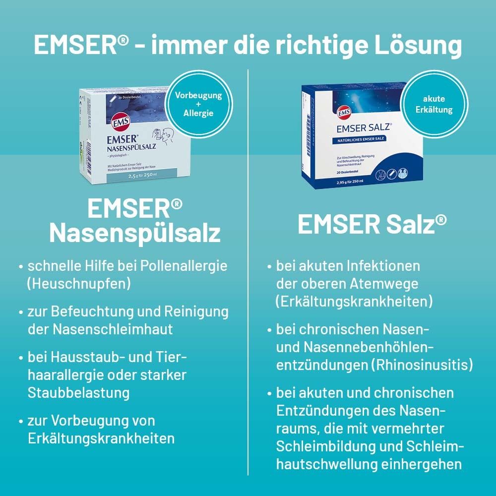 Vergleich: Emser Nasenspülsalz und Emser Salz. Vorteile, Anwendungsbereiche. Für Allergie und Erkältung.