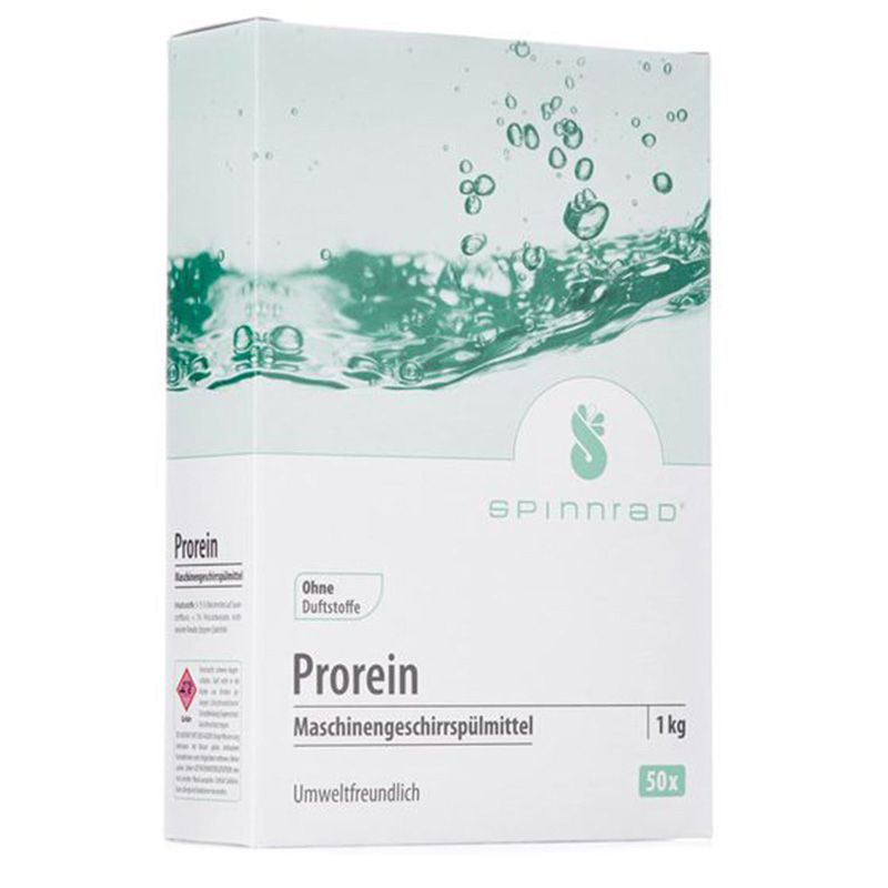 Weißer Karton mit "Spinnrad" Logo und "Prorein". Text: Maschinengeschirrspülmittel, 1 kg, 50x. Hintergrund: Wasser mit Blasen.