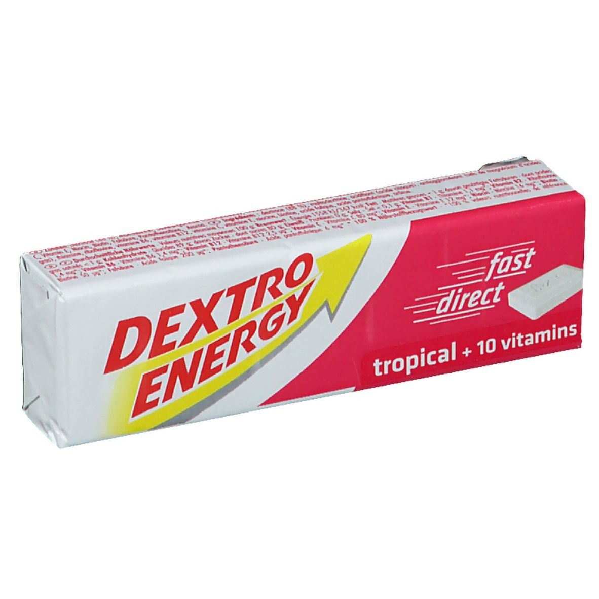Weiß-rote Verpackung mit Produktnamen und Text. Enthält Tabletten. Aufschrift: tropical + 10 vitamins.