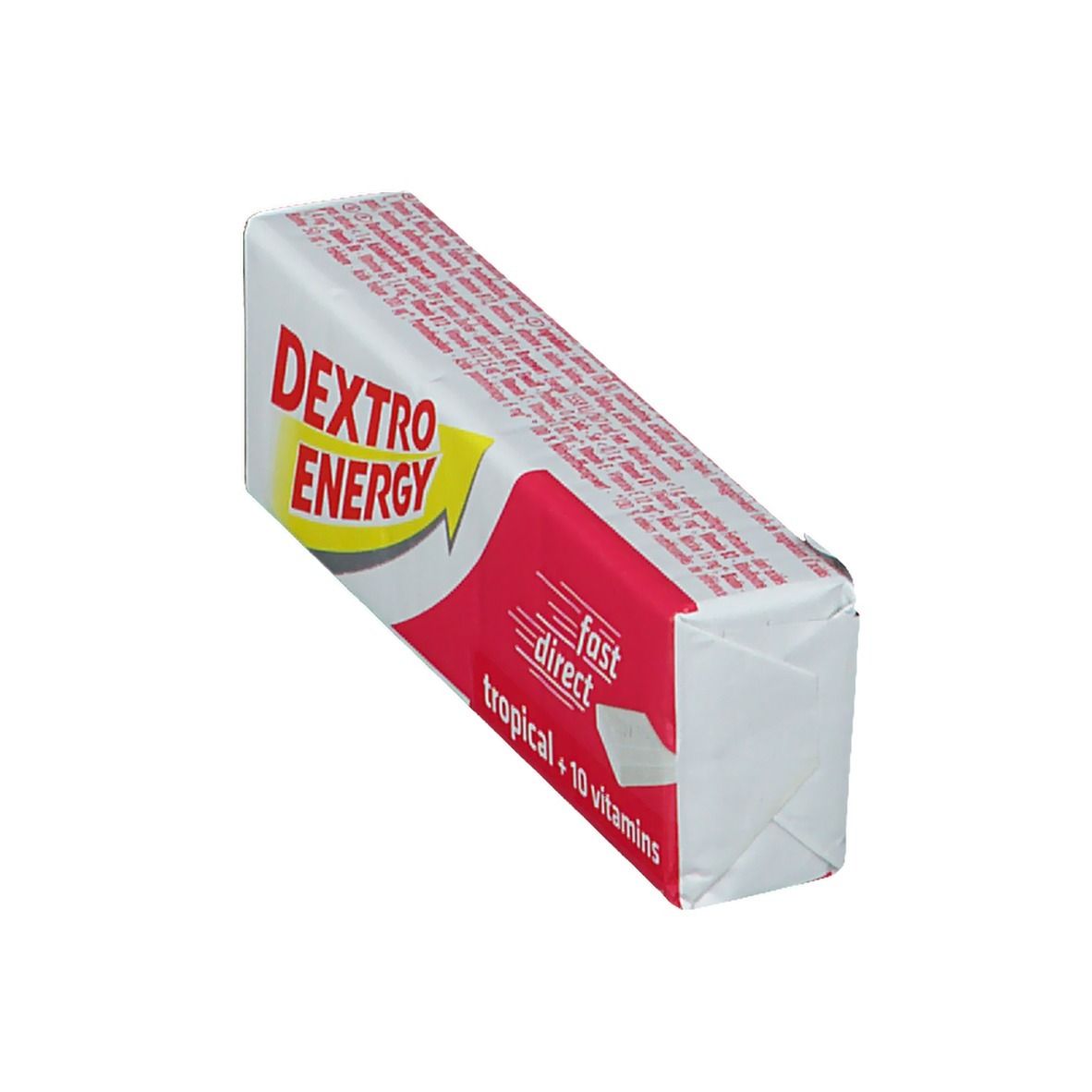 Schräg liegende, weiß-rote Verpackung. Produktname und Text sichtbar. Enthält Tabletten. Aufschrift: tropical + 10 vitamins.