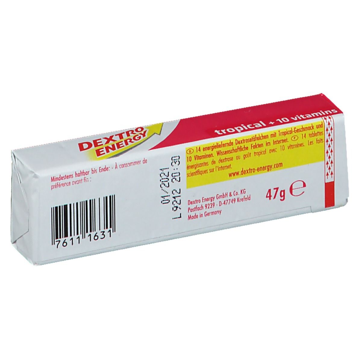 Weiß-rote Verpackung, Rückseite. Barcode, Text und Mindesthaltbarkeitsdatum. Aufschrift: tropical + 10 vitamins.