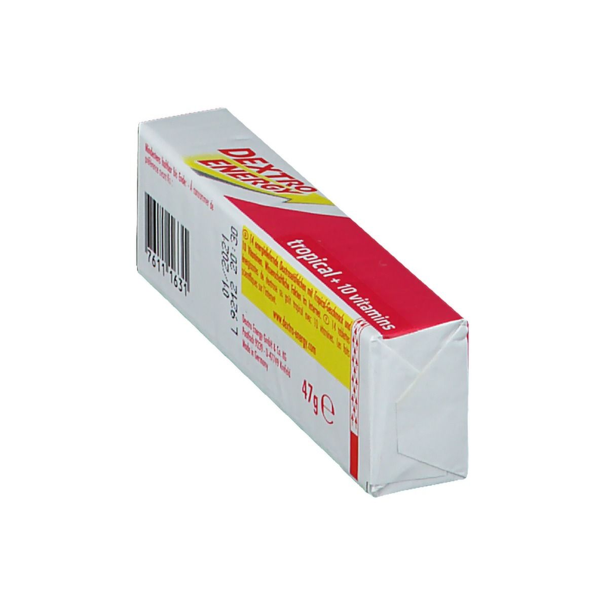 Schräg liegende, weiß-rote Verpackung, Rückseite. Barcode, Text und Mindesthaltbarkeitsdatum. Aufschrift: tropical + 10 vitamins.
