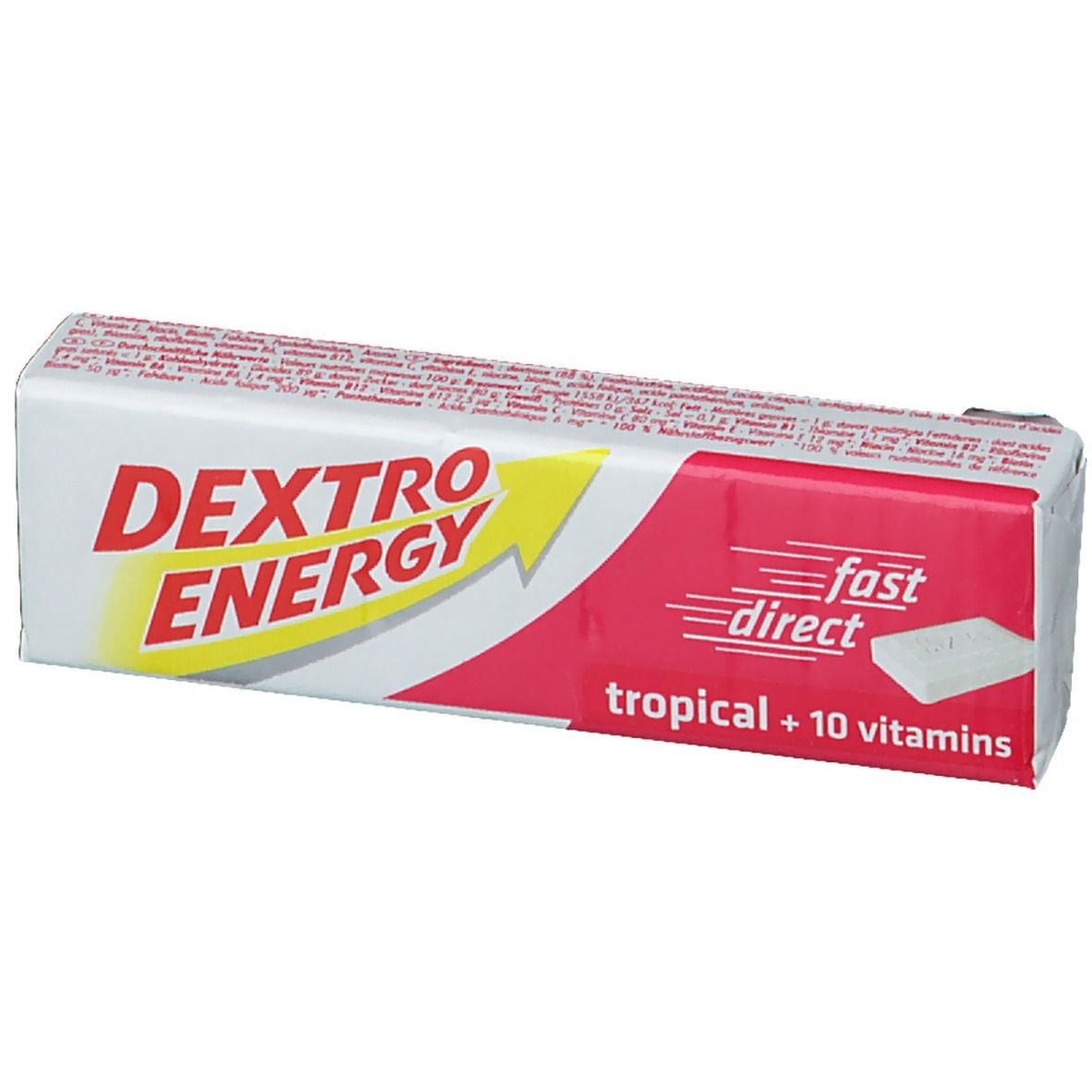 Weiß-rote Verpackung mit Produktnamen und Text. Enthält Tabletten. Aufschrift: tropical + 10 vitamins.