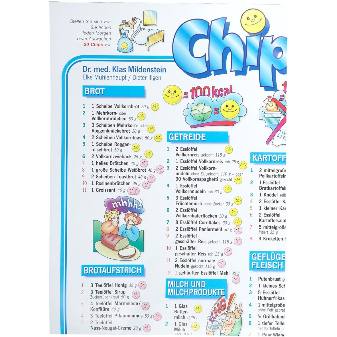 Poster d'informations nutritionnelles. Tableaux avec pains, céréales, pommes de terre, volailles et produits laitiers. Contient des informations caloriques.