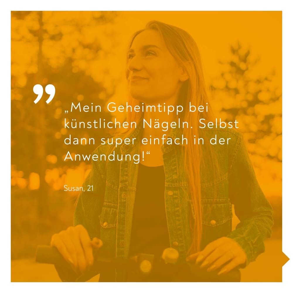 Porträt einer Frau. Text: Mein Geheimtipp bei künstlichen Nägeln. Selbst dann super einfach in der Anwendung!