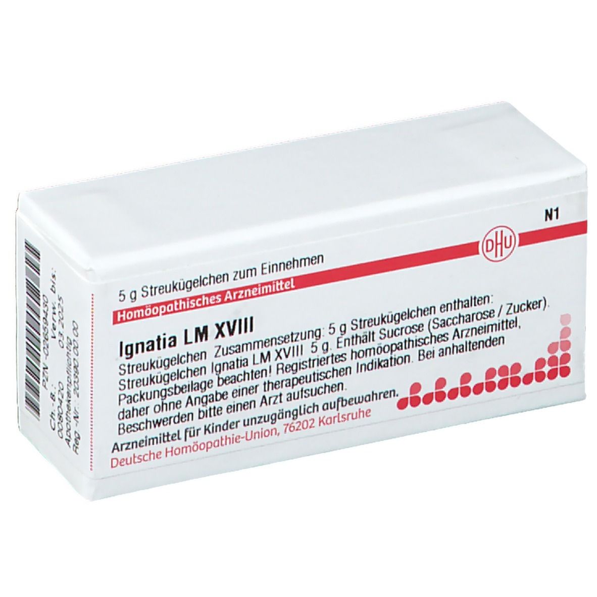Boîte rectangulaire blanche avec texte rouge et logo DHU. Inscription: Ignatia LM XVIII, 5 g globules. Soumis à prescription.