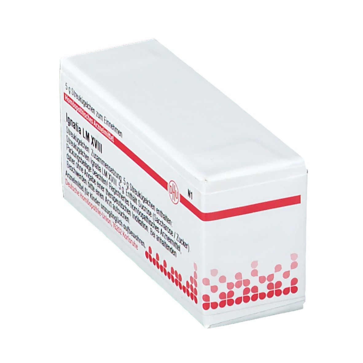 Boîte rectangulaire blanche avec texte rouge et logo DHU. Inscription: Ignatia LM XVIII, 5 g globules. Soumis à prescription.