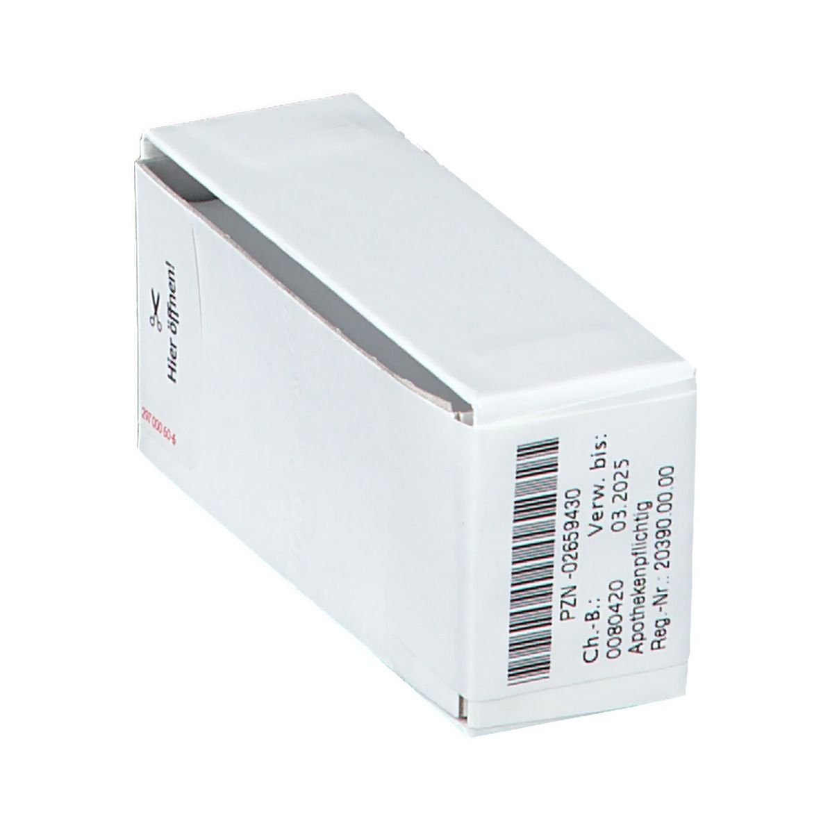 Boîte blanche ouverte avec texte rouge. Inscription: Ouvrir ici ! PZN et date de péremption visibles. Soumis à prescription.