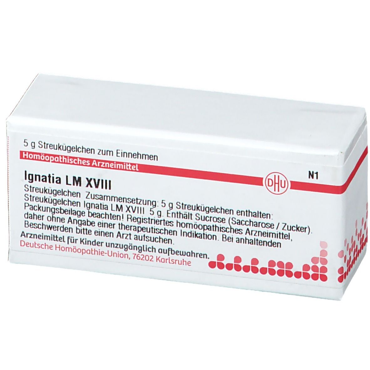 Boîte rectangulaire blanche avec texte rouge et logo DHU. Inscription: Ignatia LM XVIII, 5 g globules. Soumis à prescription.