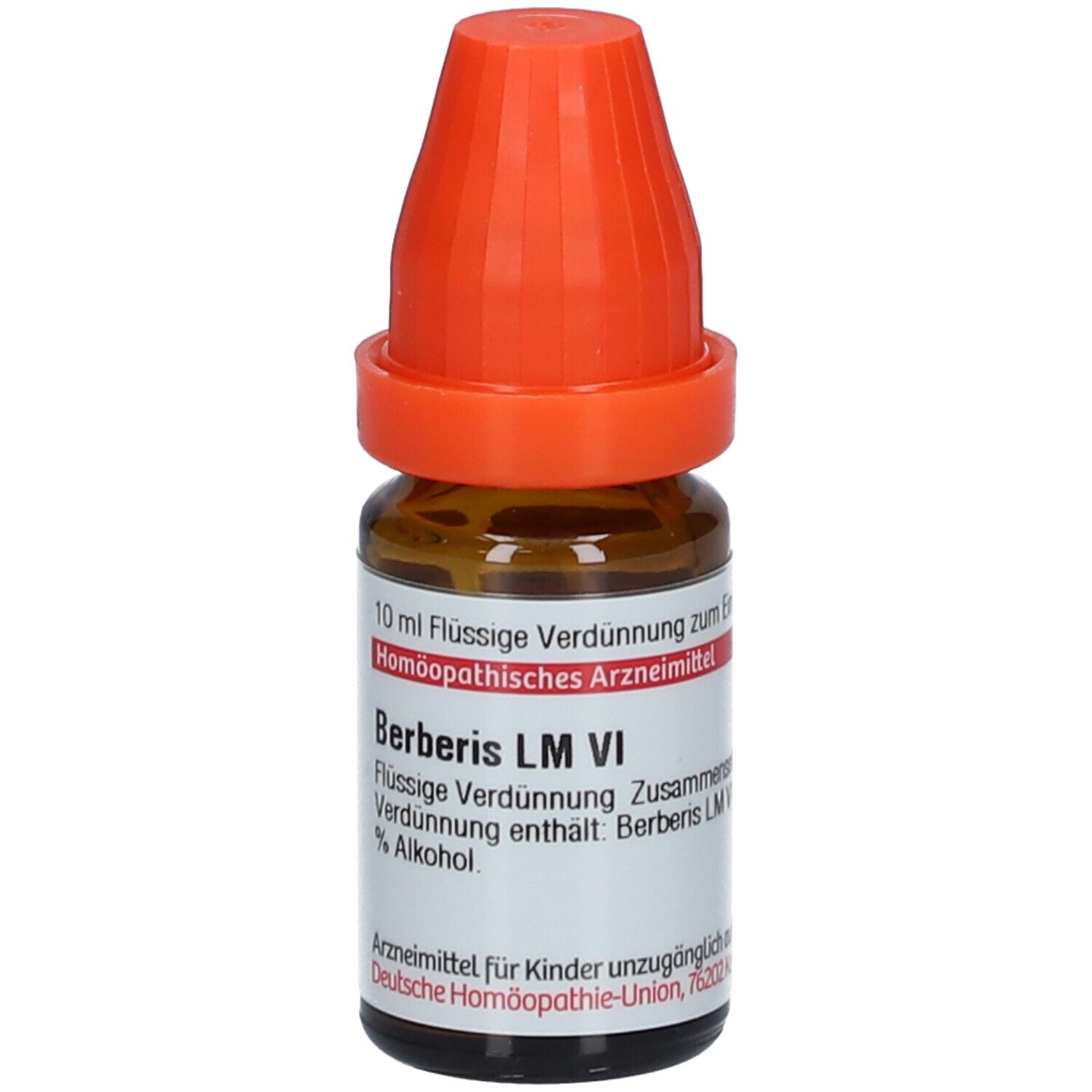 Braune Glasflasche mit orangefarbenem Verschluss. Beschriftung: Berberis LM VI, 10 ml Flüssige Verdünnung.