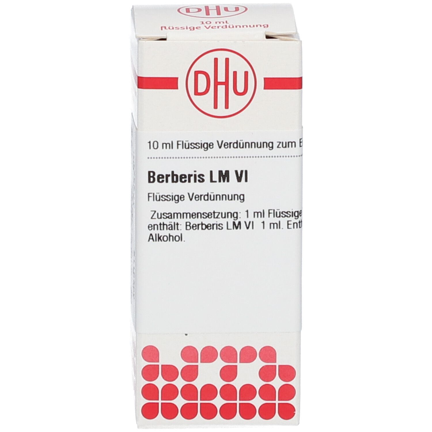 Produktverpackung. Weiß, mit DHU-Logo und Produktinformationen: Berberis LM VI, 10 ml.