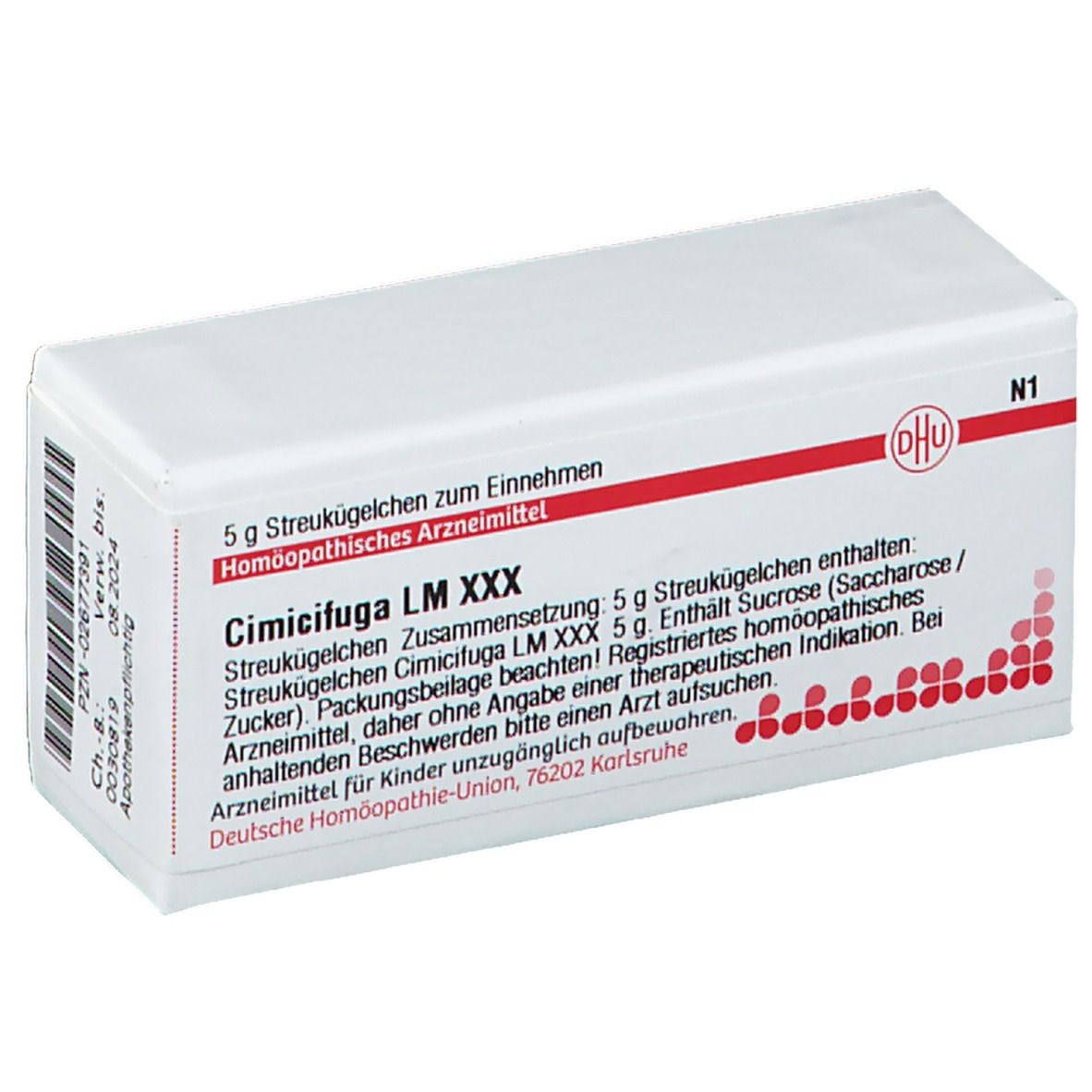 Boîte de médicament blanche avec texte rouge et noir. Contient DHU Cimicifuga LM XXX. Inscription: 5 g de globules.