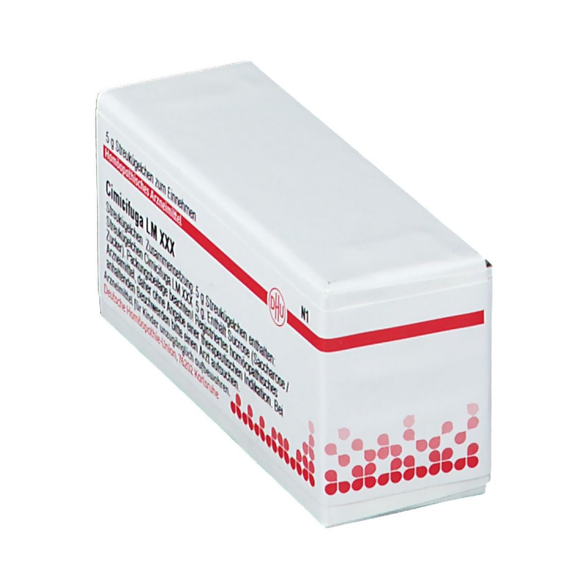 Boîte de médicament blanche avec texte rouge. Contient DHU Cimicifuga LM XXX. Inscription: 5 g de globules.