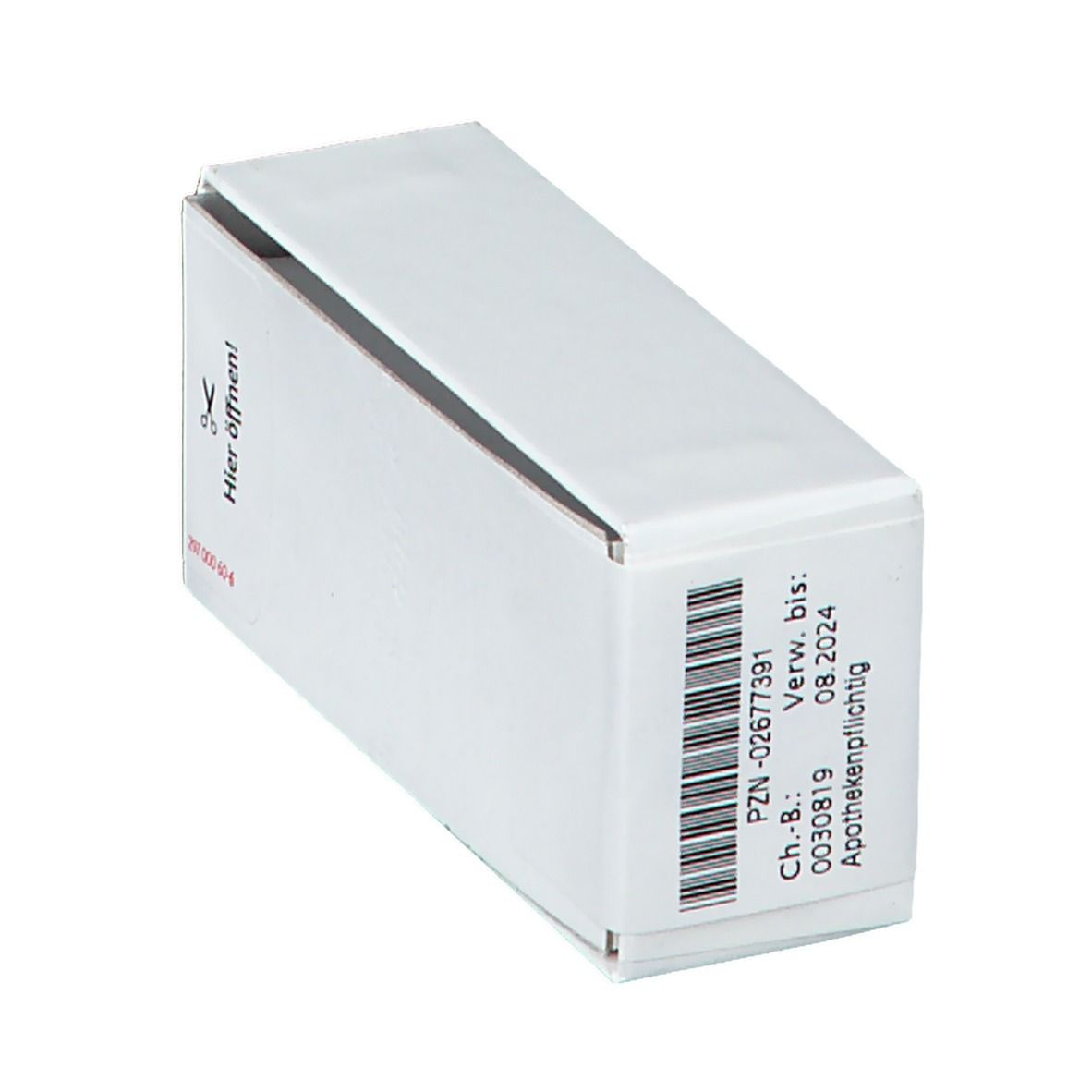 Boîte de médicament blanche avec code-barres et inscription 'Utiliser jusqu'au : 08.2024'.