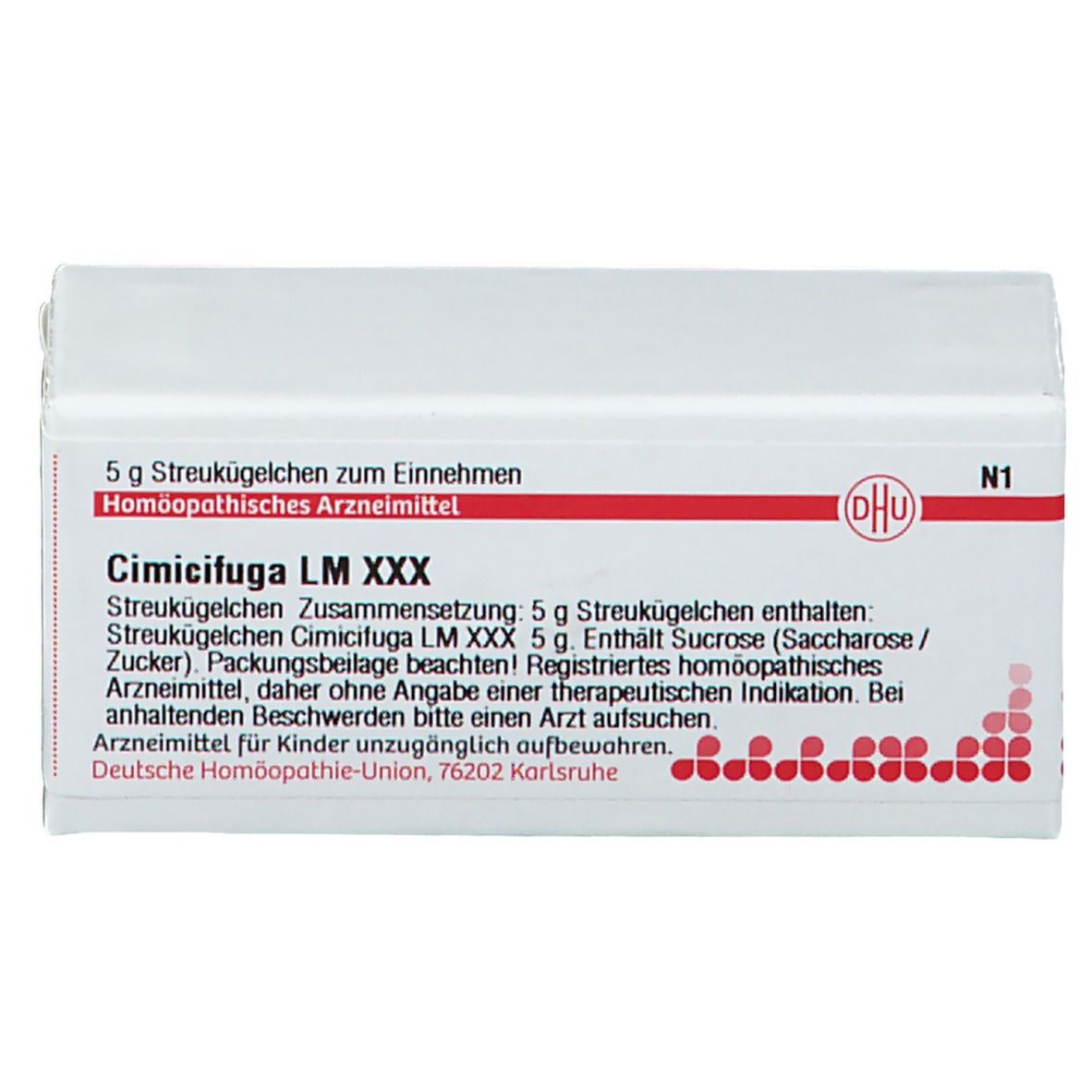 Boîte de médicament blanche avec texte rouge et noir. Contient DHU Cimicifuga LM XXX. Inscription: 5 g de globules.
