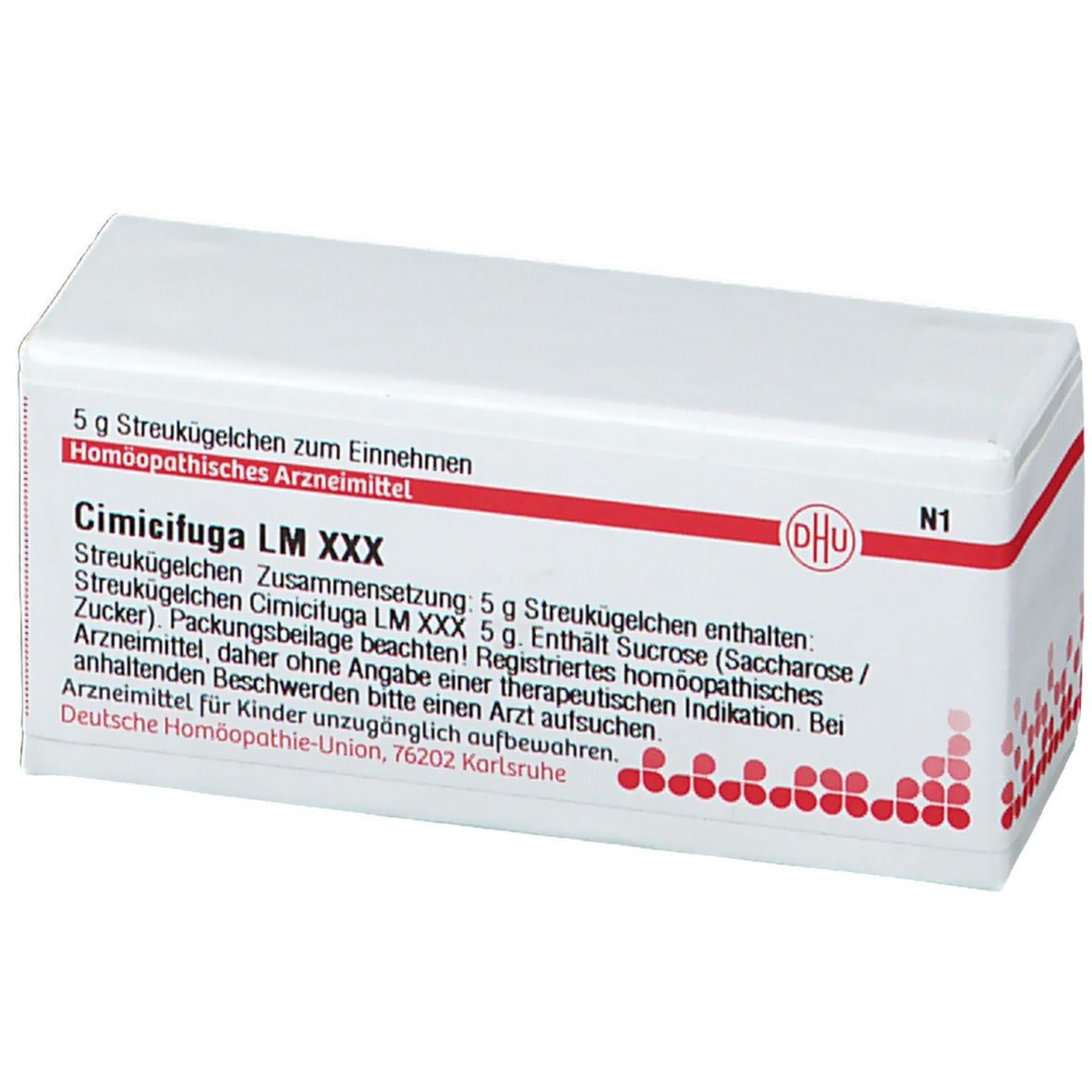 Boîte de médicament blanche avec texte rouge et noir. Contient DHU Cimicifuga LM XXX. Inscription: 5 g de globules.