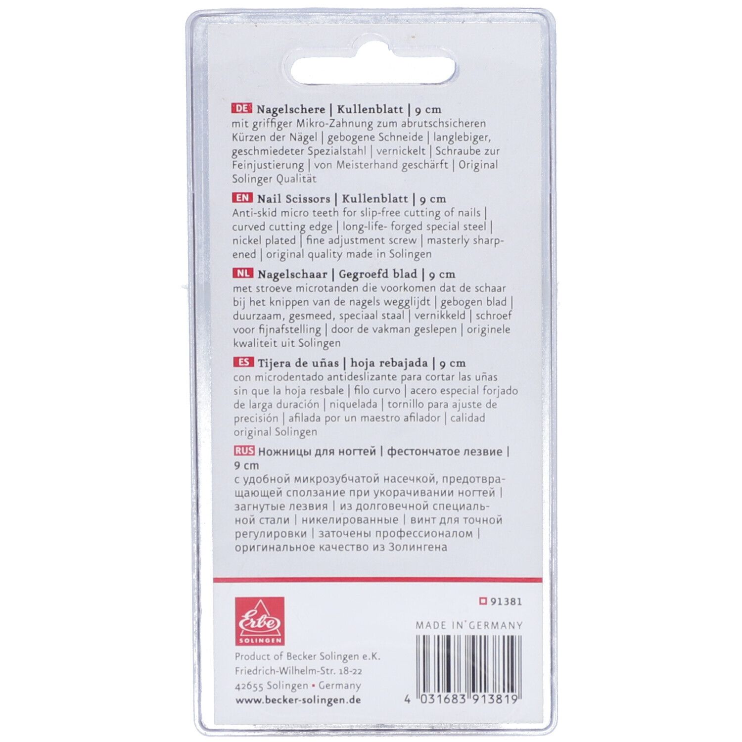 Dos de l'emballage. Informations produit en allemand, anglais, néerlandais, espagnol et russe.