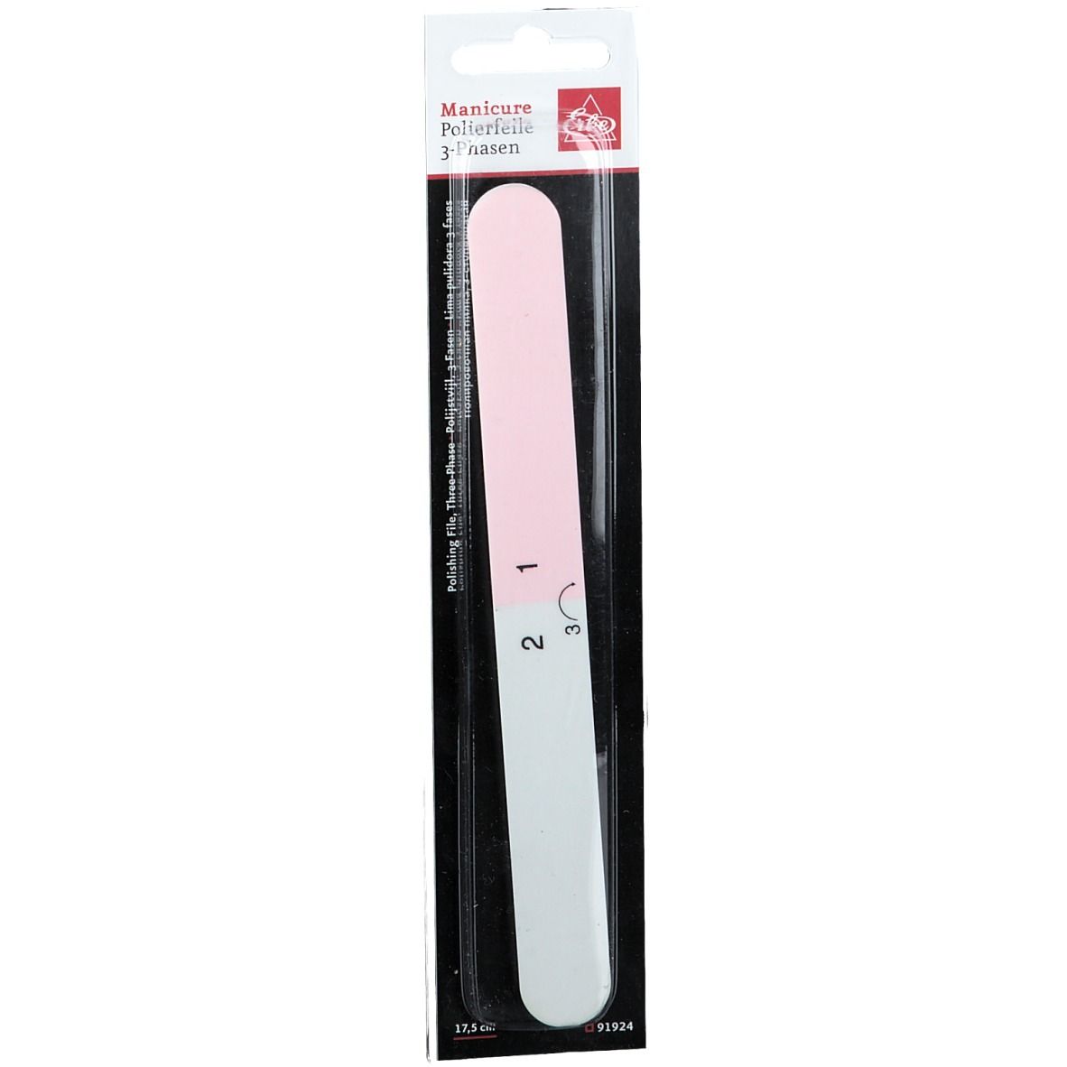 Polierfeile in Verpackung. Rosa, weiß und grau. Aufgedruckte Zahlen 1, 2, 3. Verpackung mit Text.
