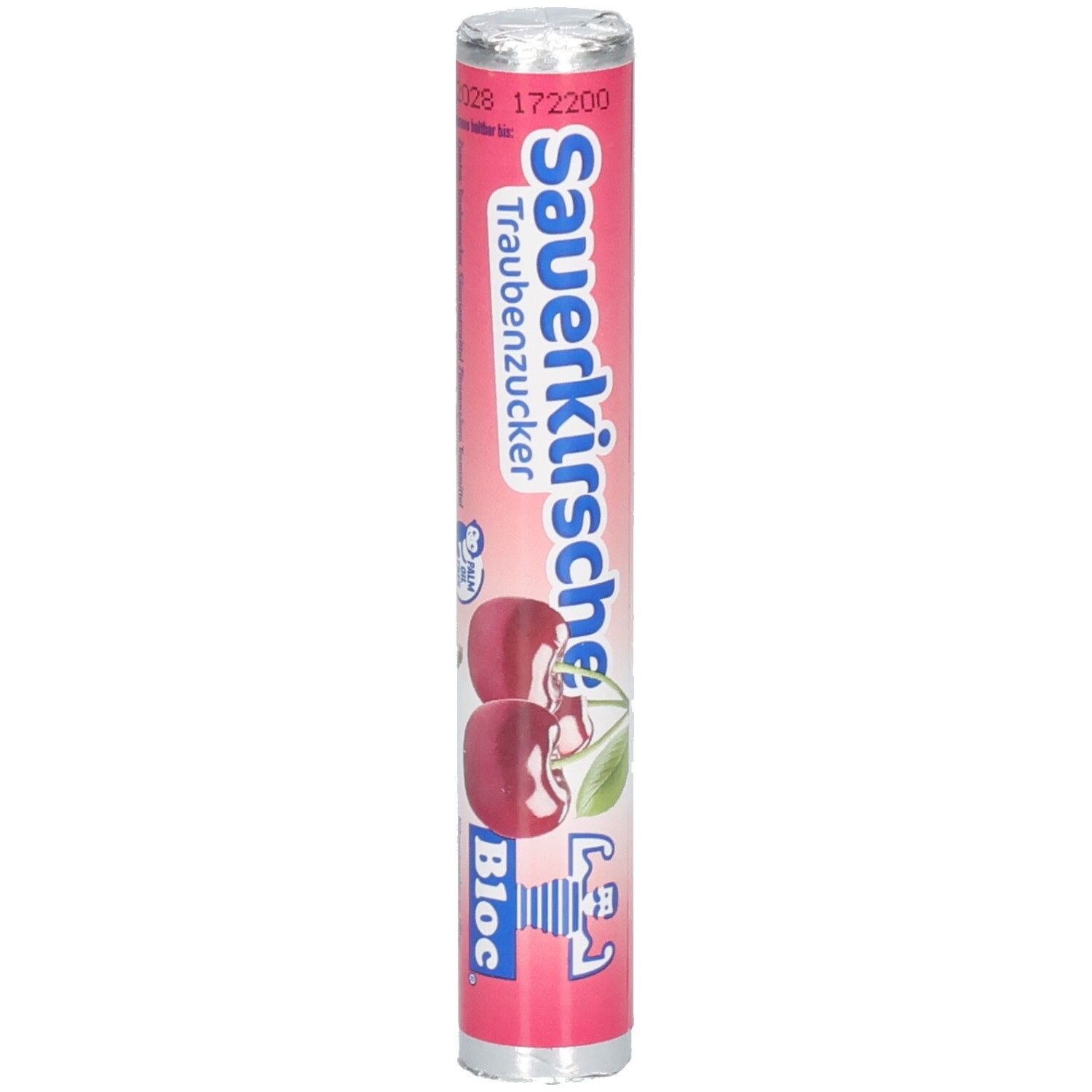 Emballage cylindrique de Traubenzucker à la cerise. Emballage rose avec image de cerises et logo Bloc.