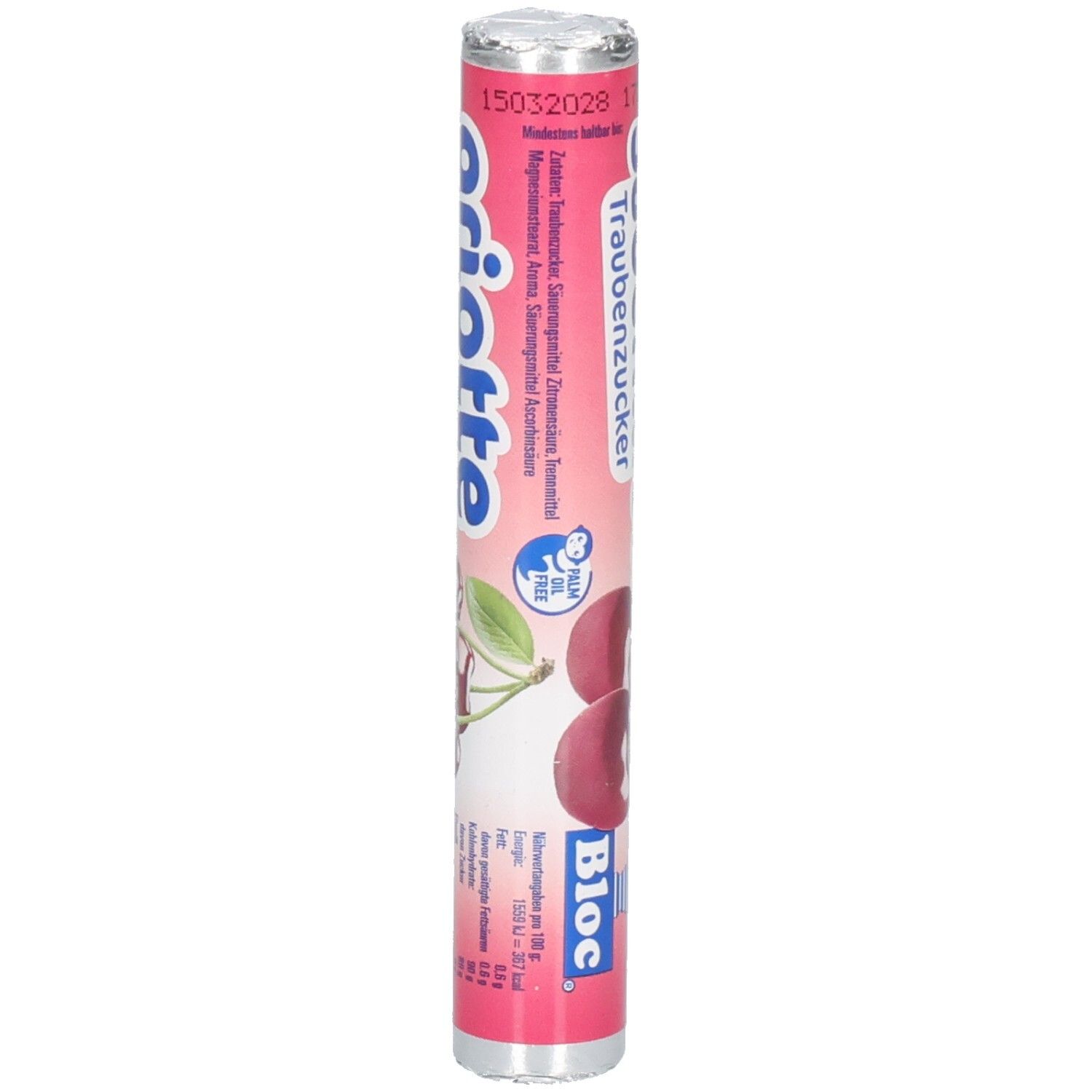 Emballage cylindrique de Traubenzucker. Emballage rose avec image de cerises et logo Bloc. Contient des informations.