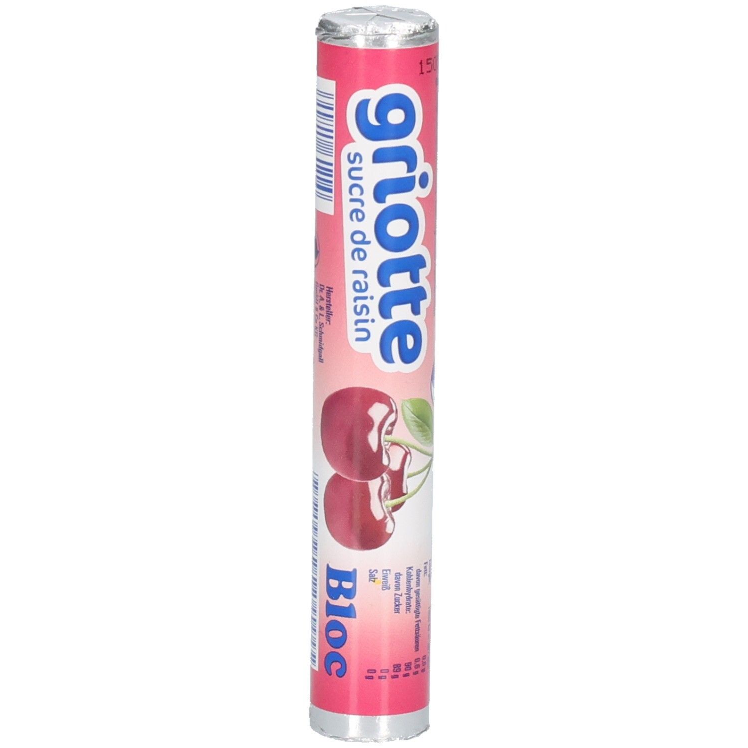 Emballage cylindrique de Traubenzucker. Emballage rose avec image de cerises et logo Bloc. Inscription Griotte.