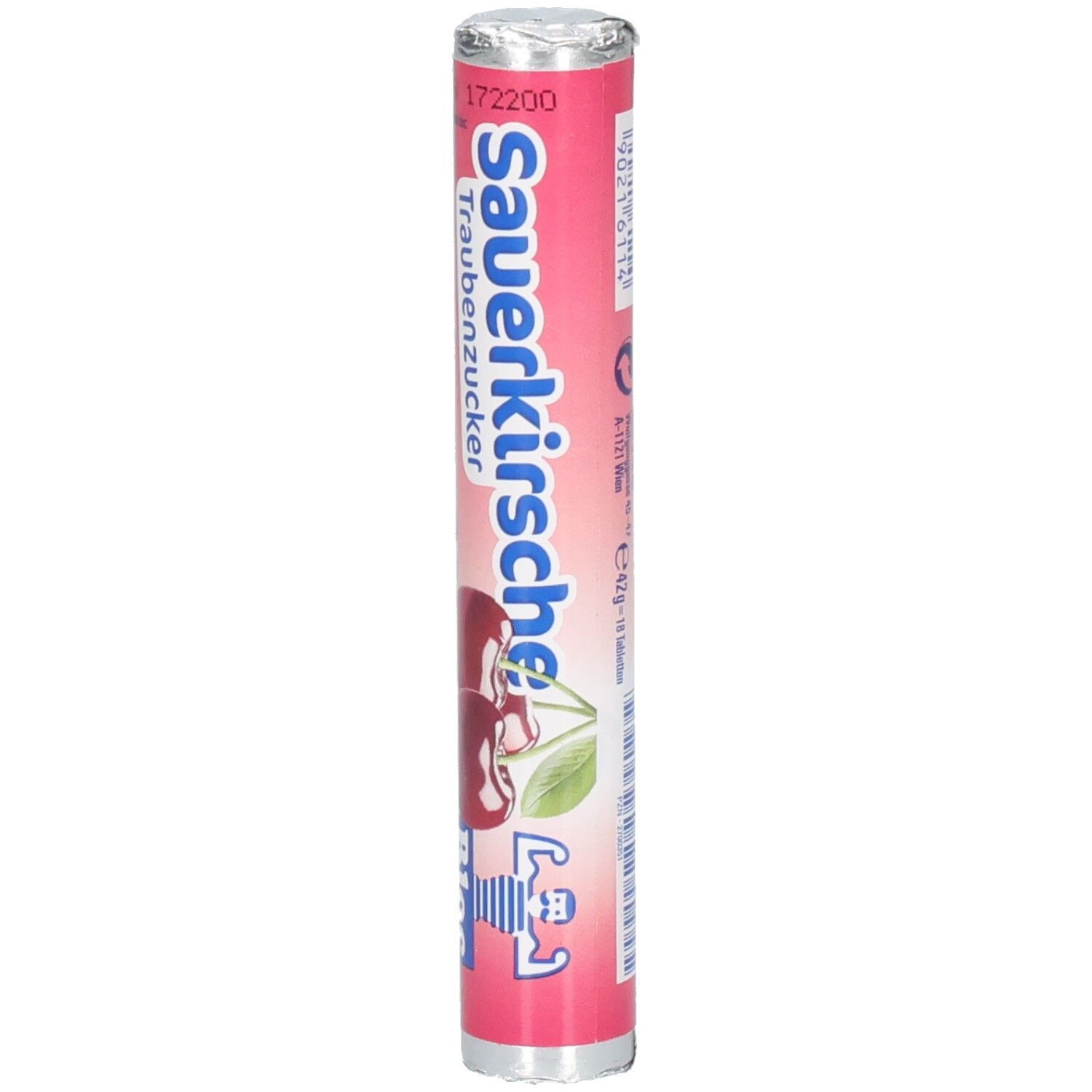 Emballage cylindrique de Traubenzucker à la cerise. Emballage rose avec image de cerises et logo Bloc.