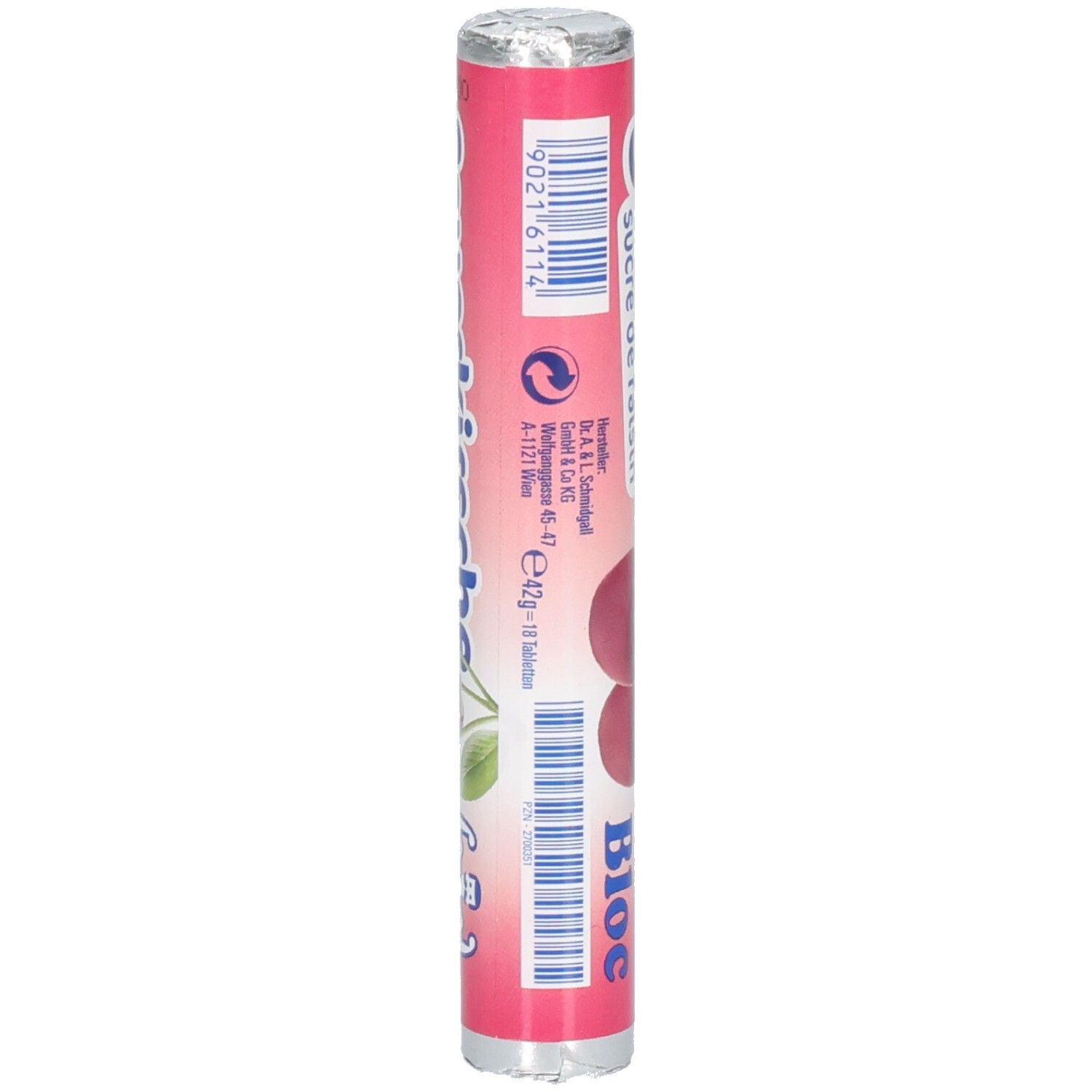 Emballage cylindrique de Traubenzucker. Emballage rose avec image de cerises et logo Bloc. Contient des informations.