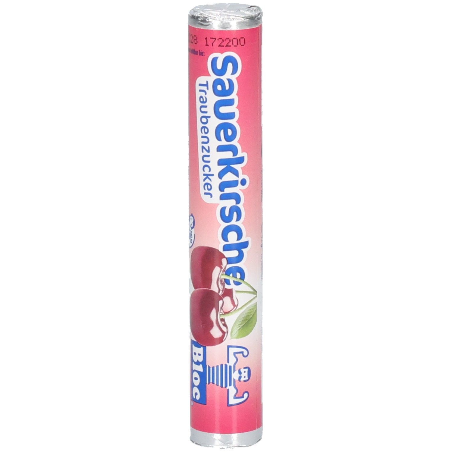 Emballage cylindrique de Traubenzucker à la cerise. Emballage rose avec image de cerises et logo Bloc.