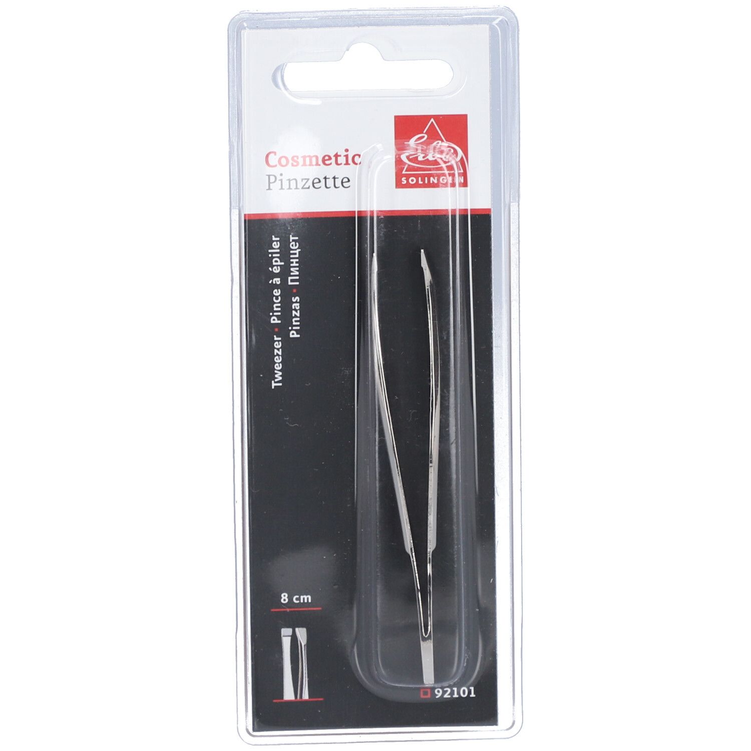 Pinzette in Blisterverpackung. Aufschrift: Cosmetic Pinzette, 8 cm, Solingen.