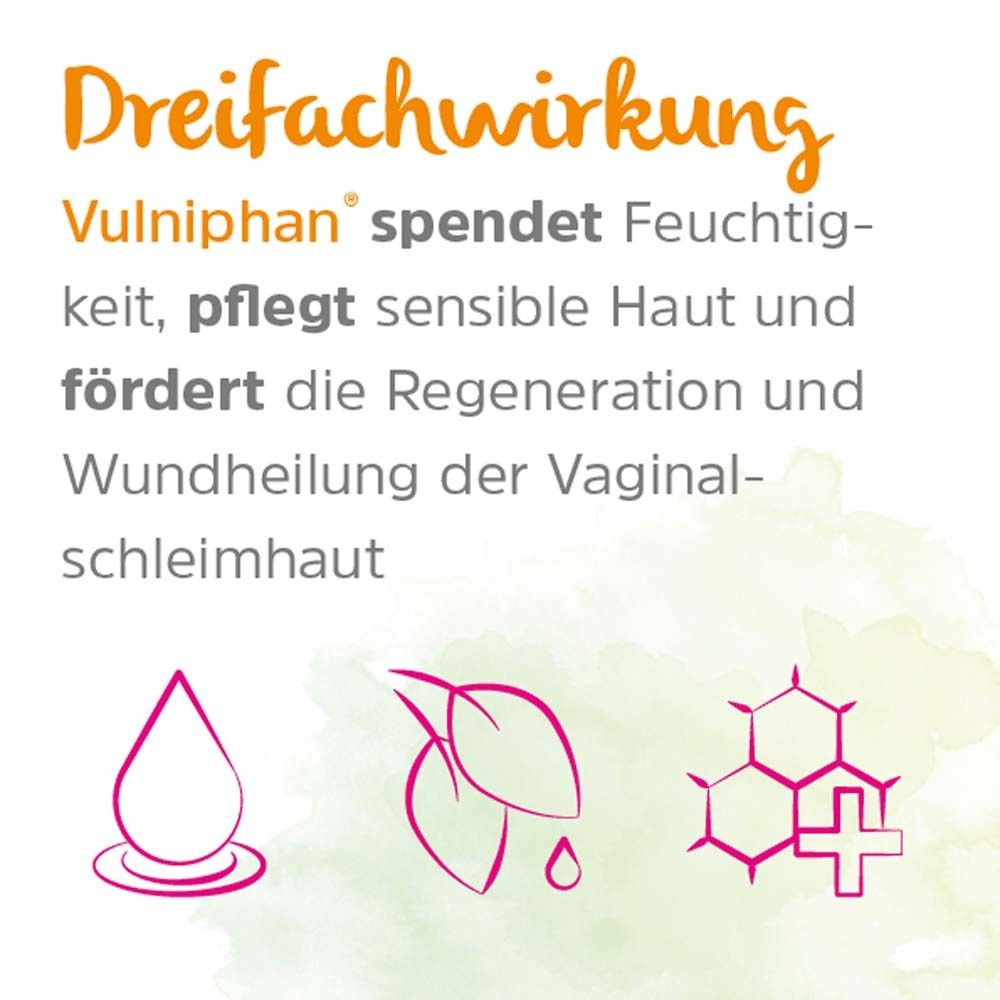 Text-Grafik. Dreifachwirkung: Vulniphan® spendet Feuchtigkeit, pflegt sensible Haut und fördert die Regeneration.