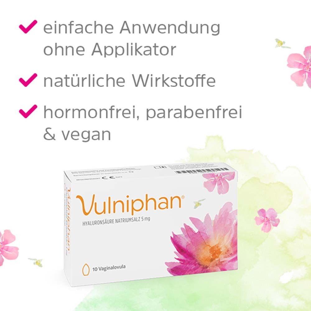 Text-Grafik. Einfache Anwendung ohne Applikator. Natürliche Wirkstoffe. Hormonfrei, parabenfrei & vegan. Schachtel Vulniphan®.