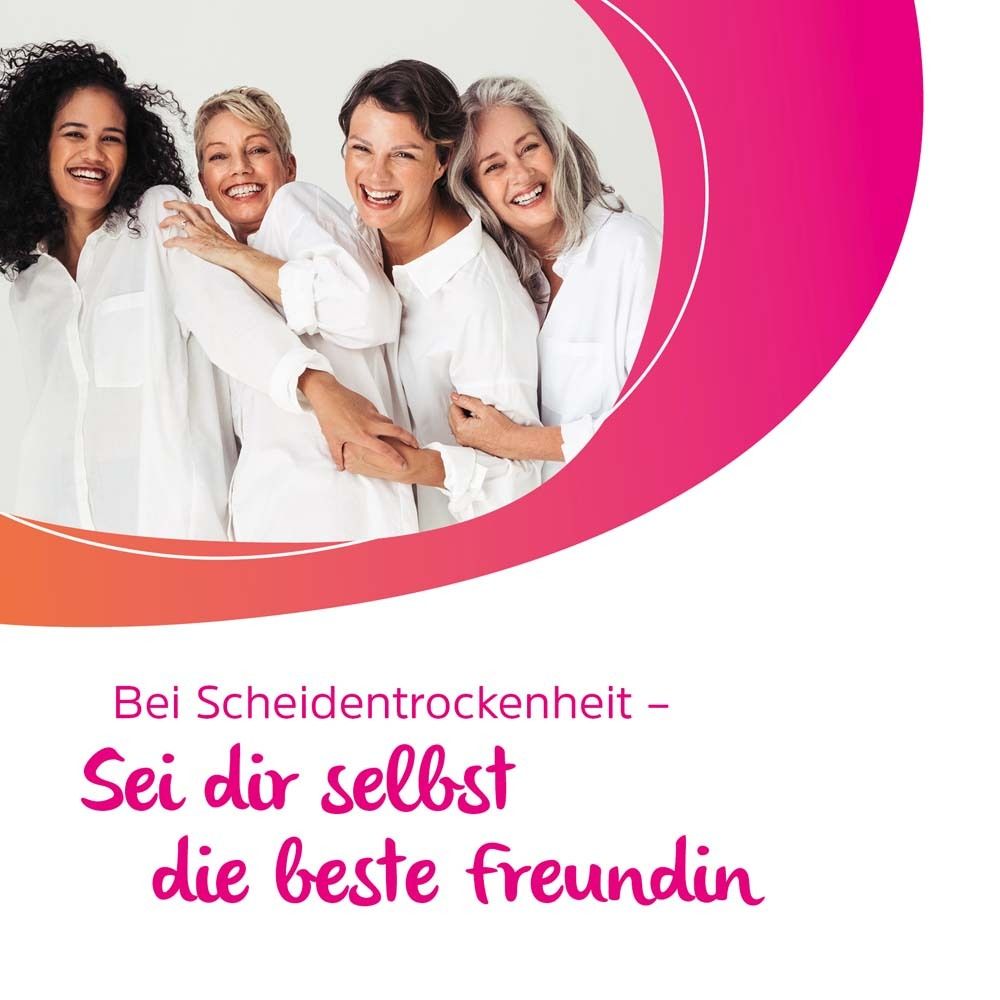 Text-Grafik. Bei Scheidentrockenheit - Sei dir selbst die beste Freundin. Fünf Frauen umarmen sich.