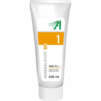 Weiße Tube mit gelbem Streifen und grüner Aufschrift A1 S. MINERALSTOFF Salbe Nr. 1. 200 ml.