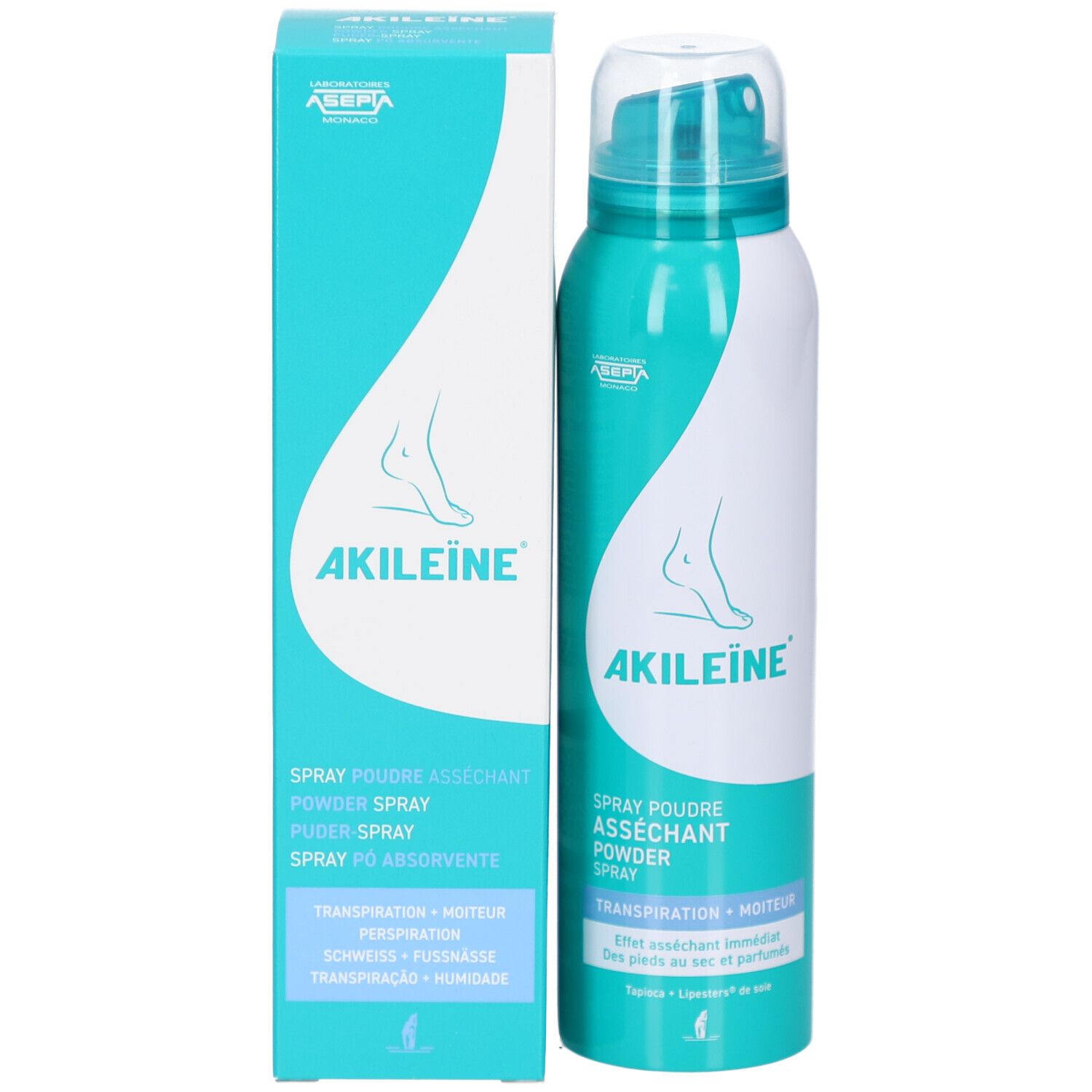 Produkt und Verpackung. Türkis-weiße Spraydose und Schachtel. Text: AKILEINE, Spray Poudre, Fuß-Puder-Spray. Fuß-Illustration.