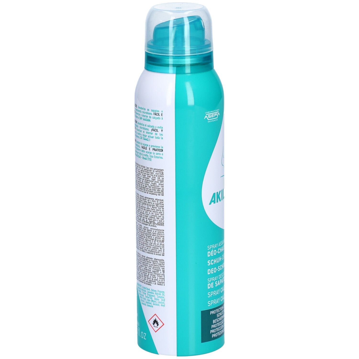 Flacon spray blanc et turquoise avec texte et informations. Dos avec texte et pictogrammes.