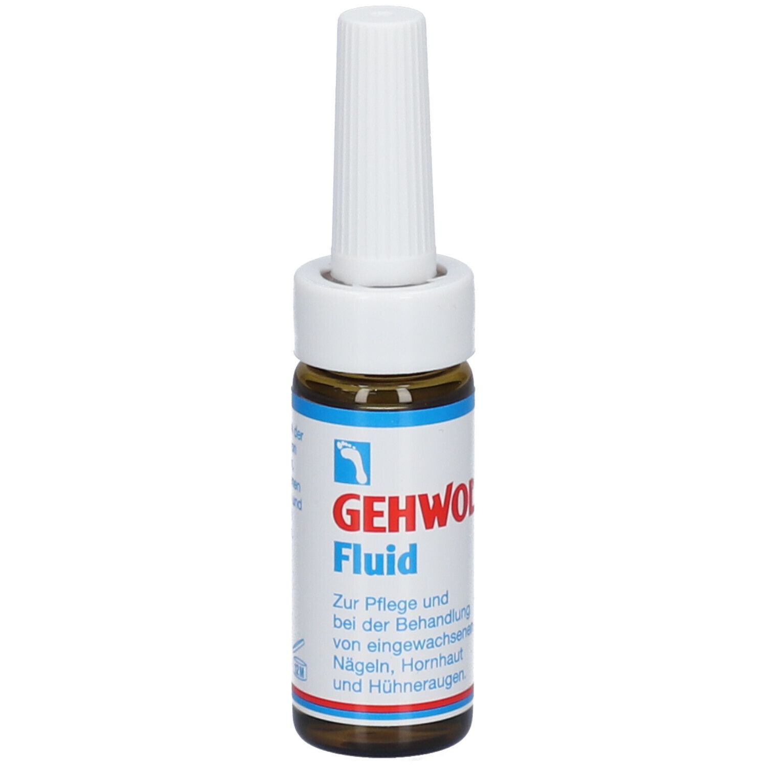 Braune Glasflasche mit weißem Applikator. Aufschrift: GEHWOL Fluid. Produktinformationen auf der Flasche.