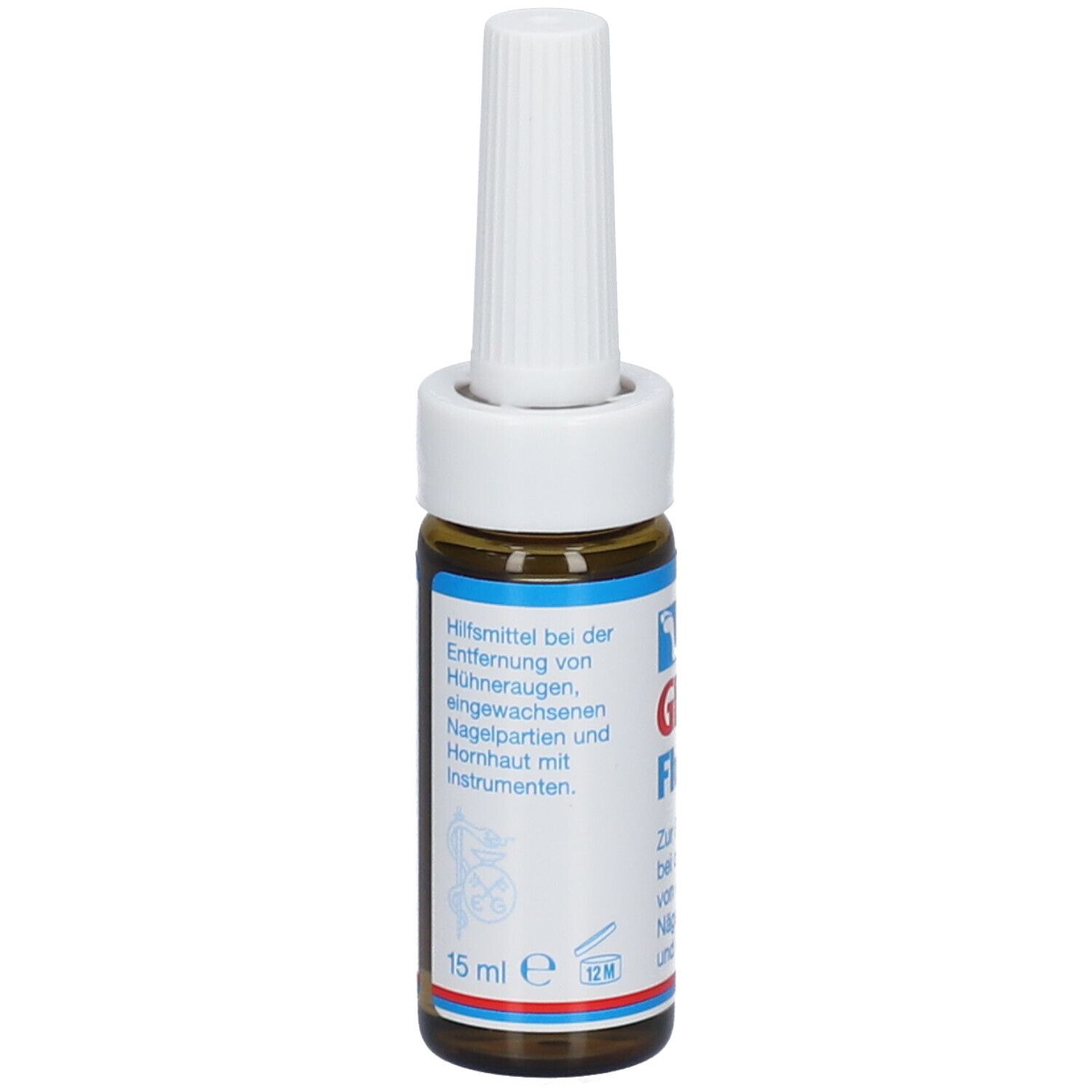 Braune Glasflasche mit weißem Applikator. Aufschrift: GEHWOL Fluid. Rückseite mit Produktinformationen und Volumen.