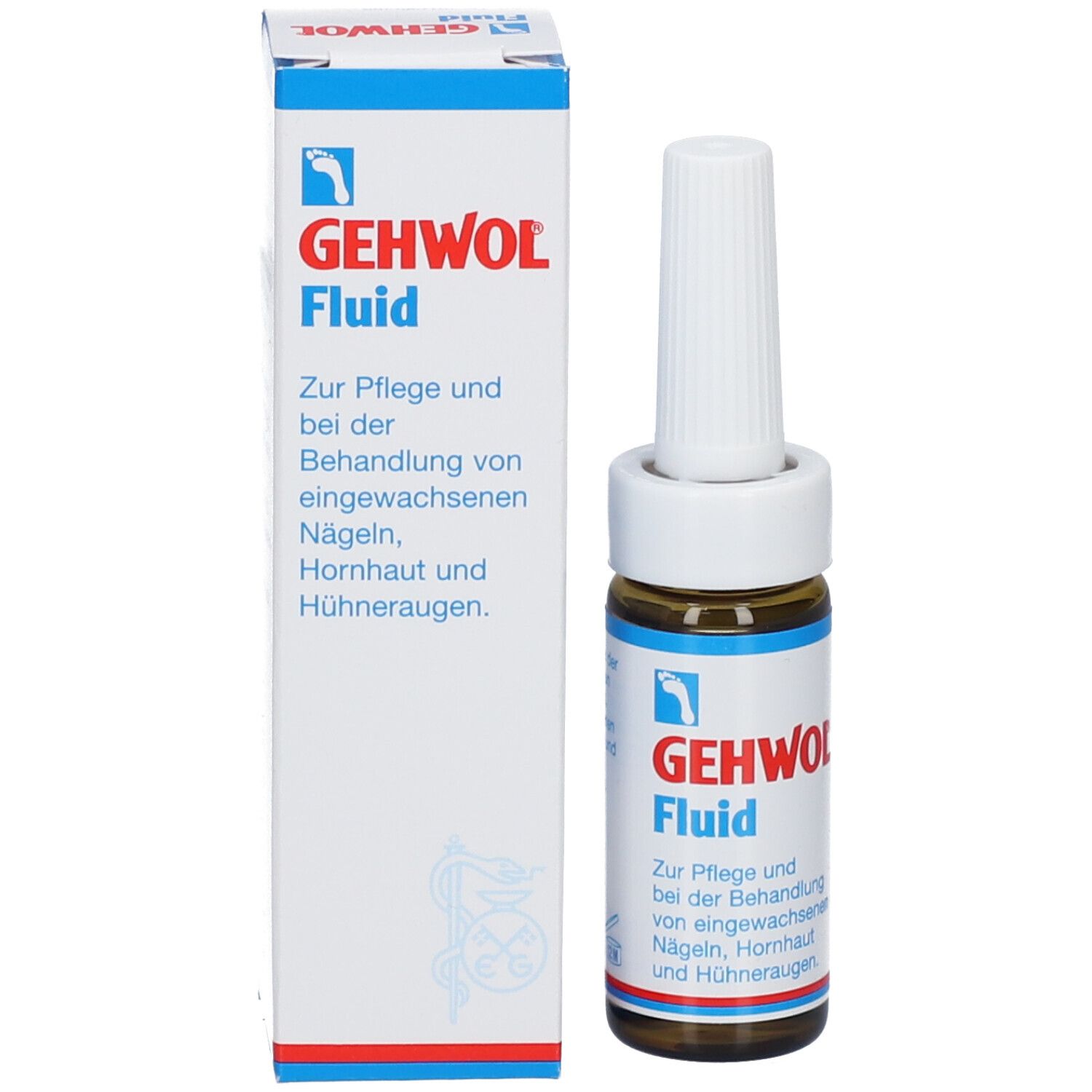 Braune Glasflasche mit weißem Applikator und Karton. Aufschrift: GEHWOL Fluid. Produktinformationen auf Flasche und Karton.