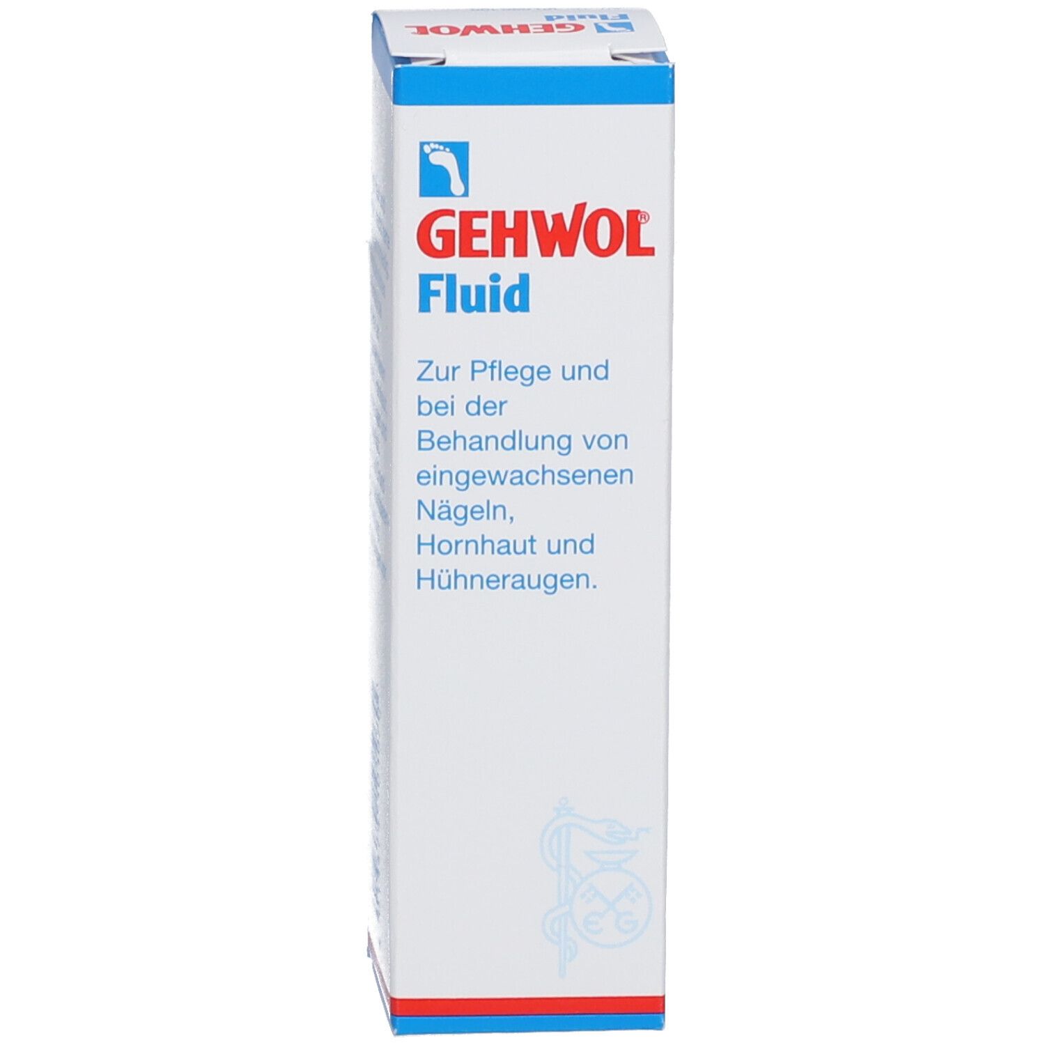 Karton mit Aufschrift: GEHWOL Fluid. Produktinformationen und Logo. Blau-weiße Farbgebung.
