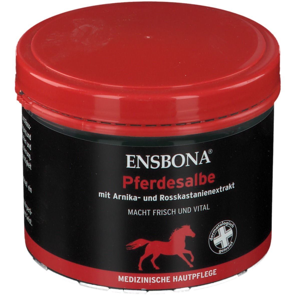 Pot rond avec couvercle rouge et étiquette noire. Inscription : ENSBONA Pferdesalbe, cheval rouge, soin médical de la peau.