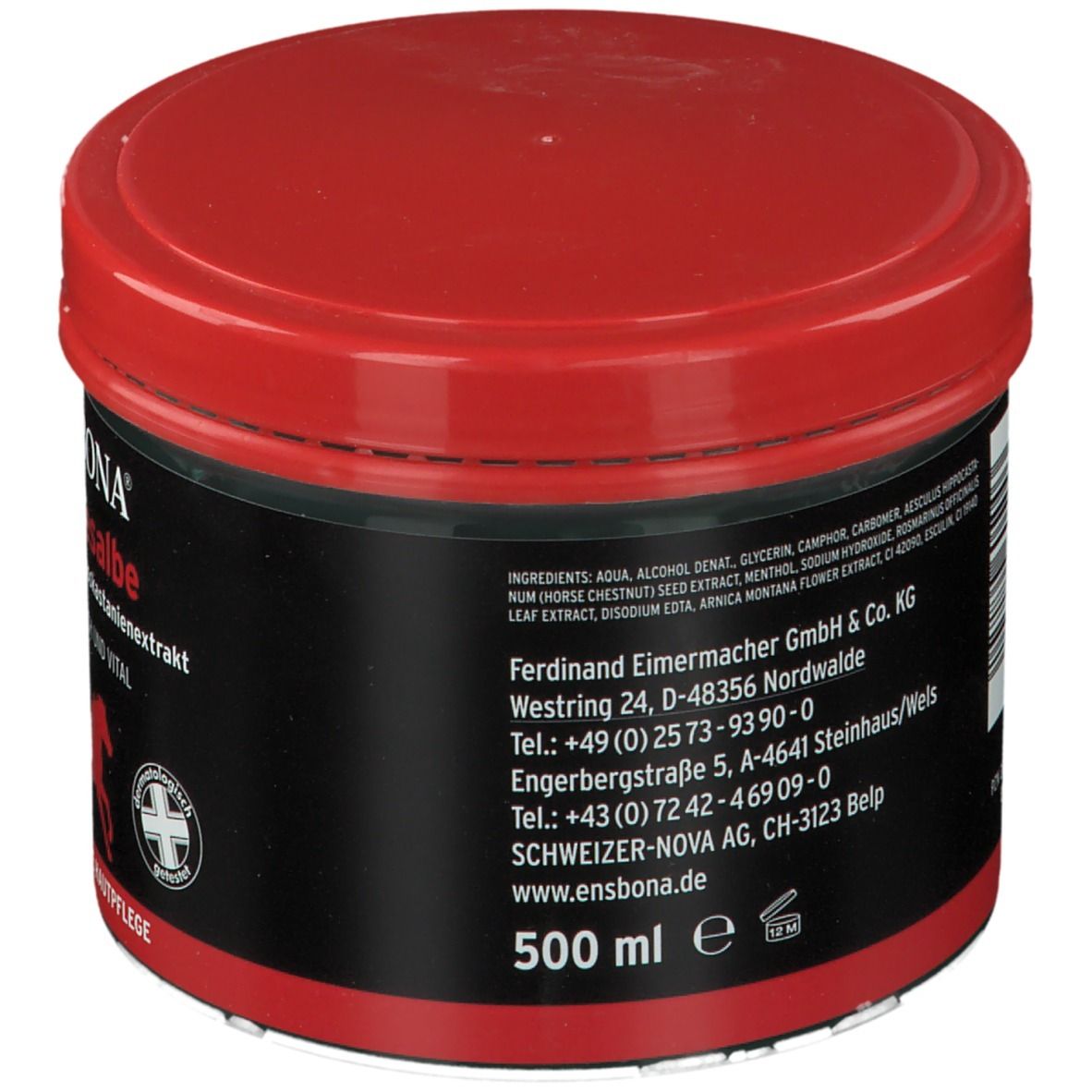 Pot rond avec couvercle rouge et étiquette noire. Inscription : ENSBONA Pferdesalbe, ingrédients, coordonnées.