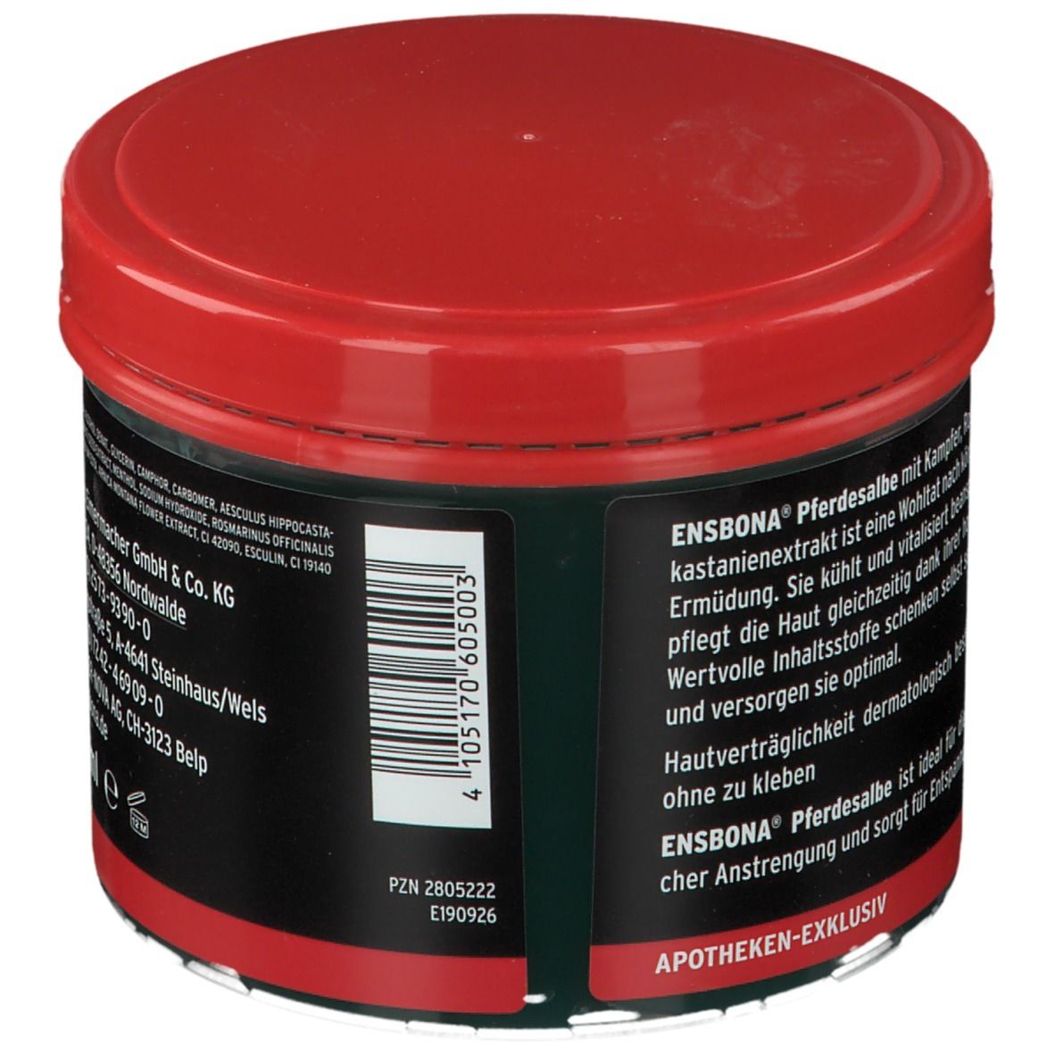Pot rond avec couvercle rouge et étiquette noire. Inscription : ENSBONA Pferdesalbe, code-barres, texte sur les propriétés.