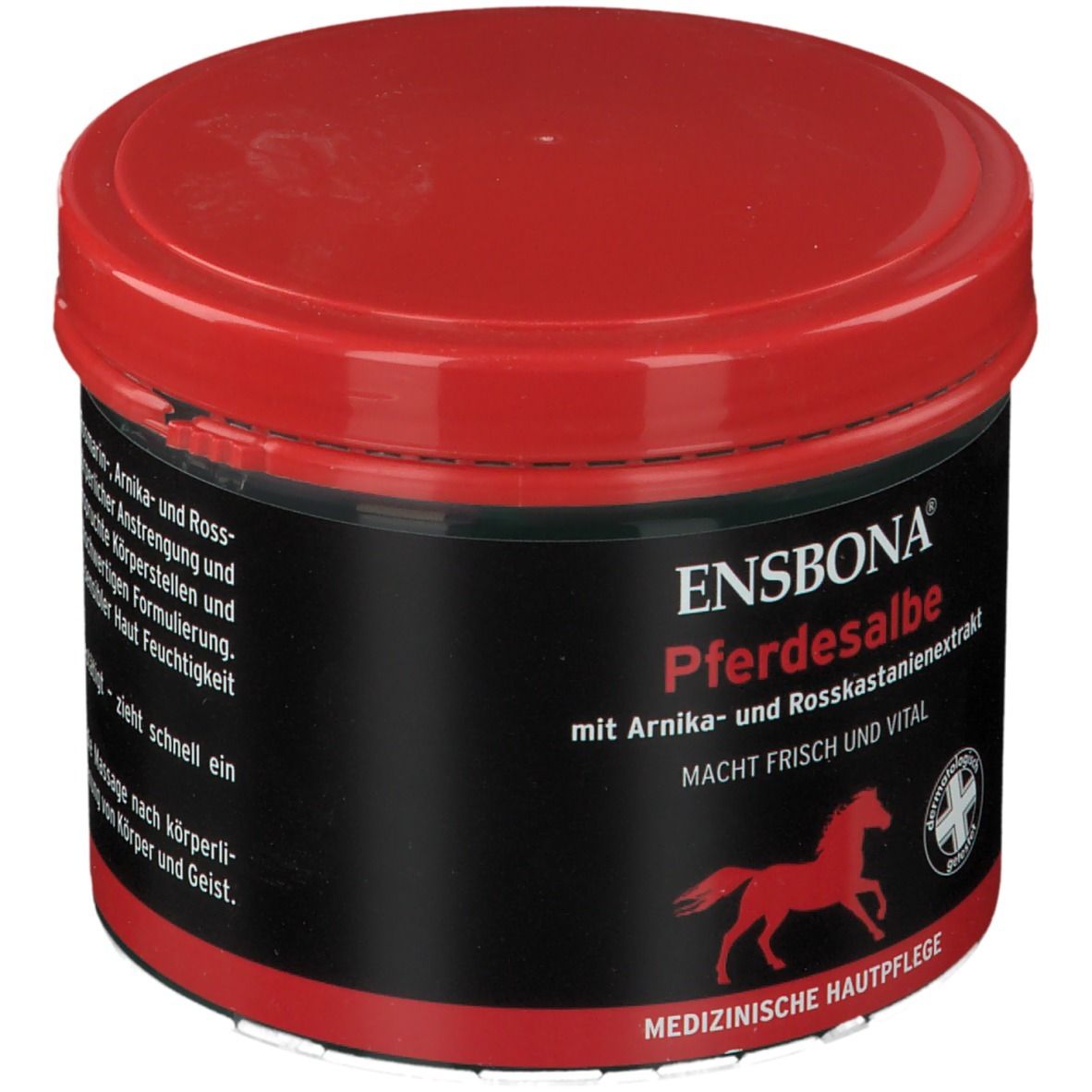 Pot rond avec couvercle rouge et étiquette noire. Inscription : ENSBONA Pferdesalbe, cheval rouge, soin médical de la peau.