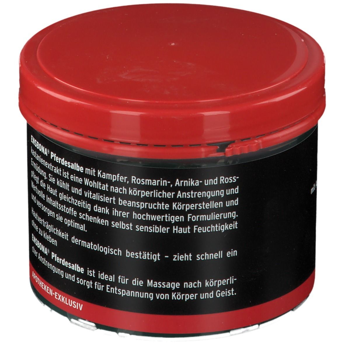 Pot rond avec couvercle rouge et étiquette noire. Inscription : ENSBONA Pferdesalbe, texte sur les propriétés et l'utilisation.