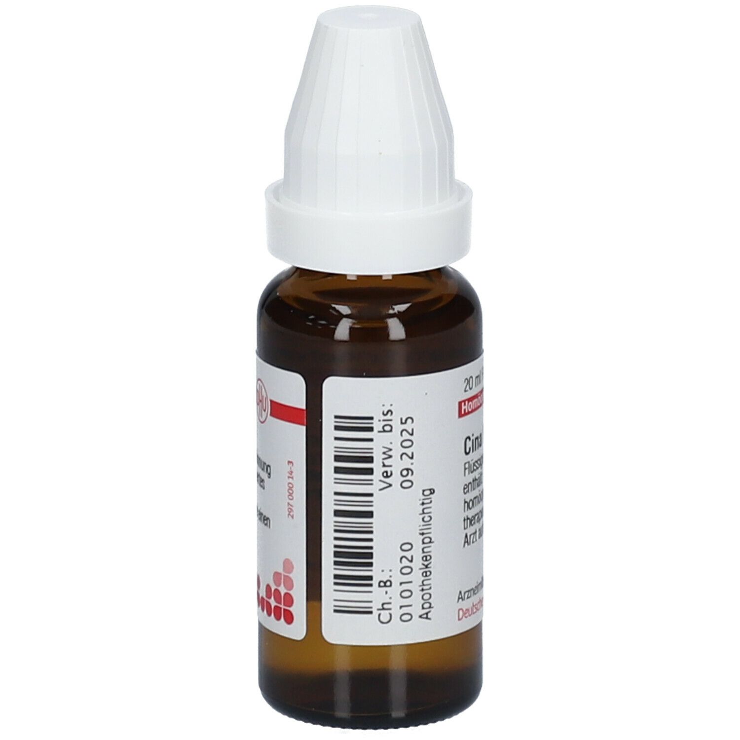 Braune Glasflasche mit weißem Verschluss. Etikett mit Barcode und Informationen: Cina D6, Verwendbar bis 09.2025.
