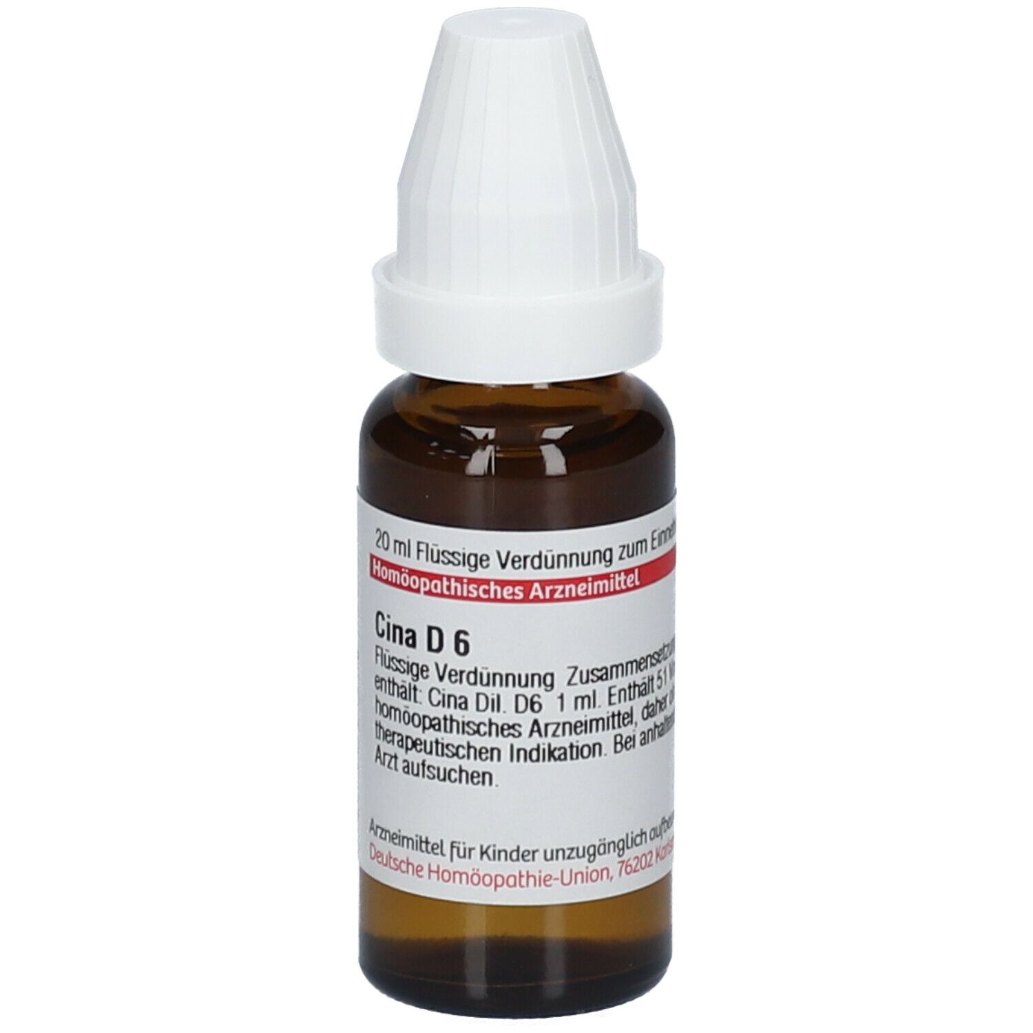 Braune Glasflasche mit weißem Verschluss. Etikett mit Produktinformationen: Cina D6, 20 ml flüssige Verdünnung.